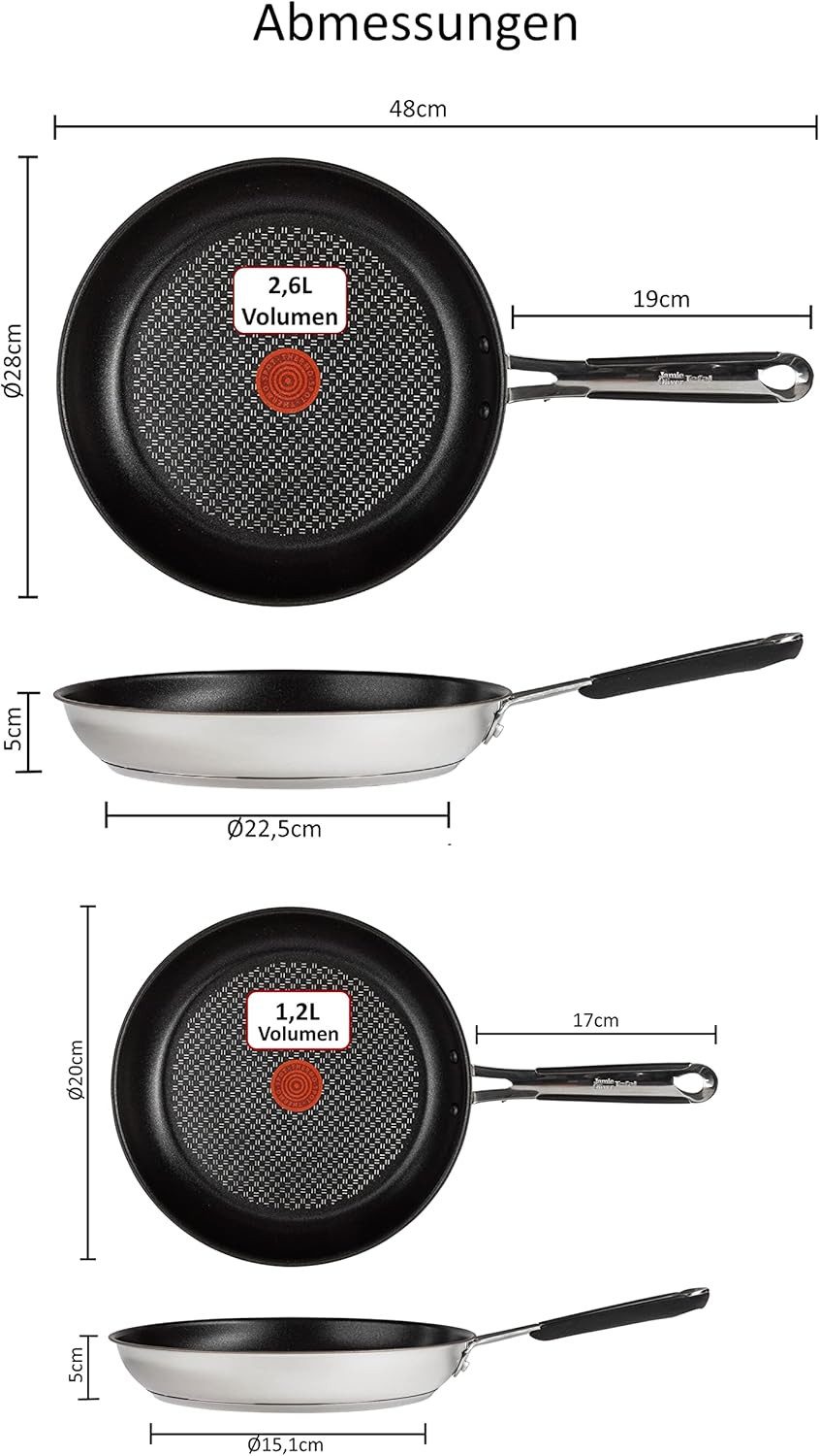 Tefal Pfannen-Set Jamie Oliver E76 Pfannenset 20, 28cm, Pfanne alle Herdarten+ Induktion, Edelstahl 18/10 (Pfanne, Bratpfannen Set, Pfannenset, Wok, Wokpfanne, Schmorpfanne, SET7 Pfannen Inkl. 1 Wender & Filzschoner), für alle Herdarten geeignet