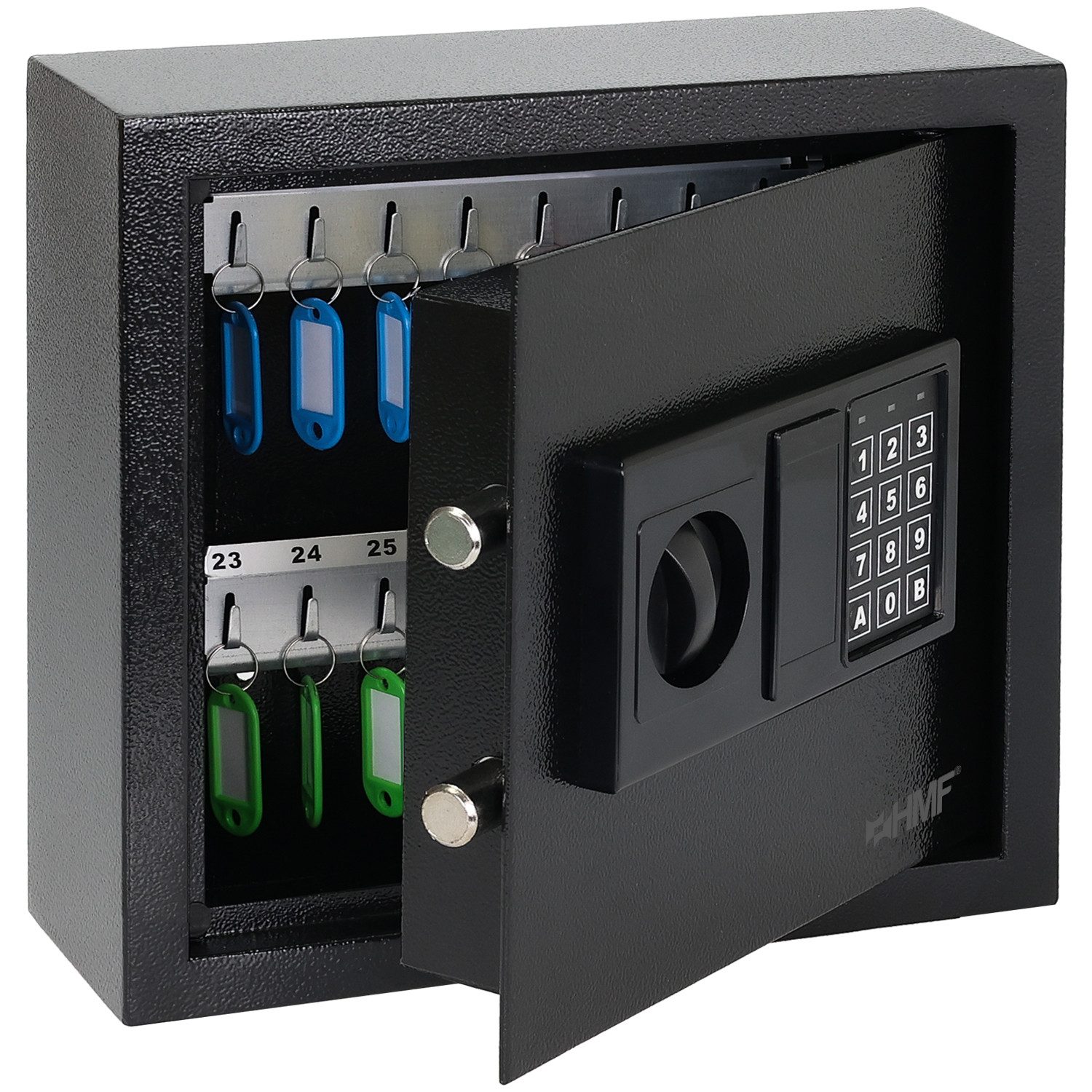 HMF Schlüsseltresor Schlüsseltresor mit Zahlencode, Schlüsselsafe (30 Haken, inkl. Schlüsselanhänger), mit Elektronikschloss, 30 x 28 x 10 cm, Schwarz