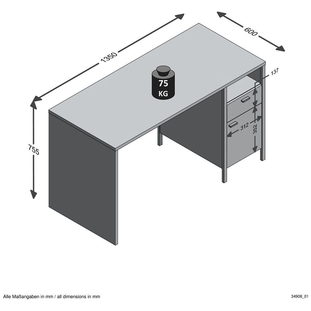 : Design Eiche dunkel, Lomadox 135/75,5/60 Industrial in INDORE-10, cm Schreibtisch Nb./Stahl Artisan