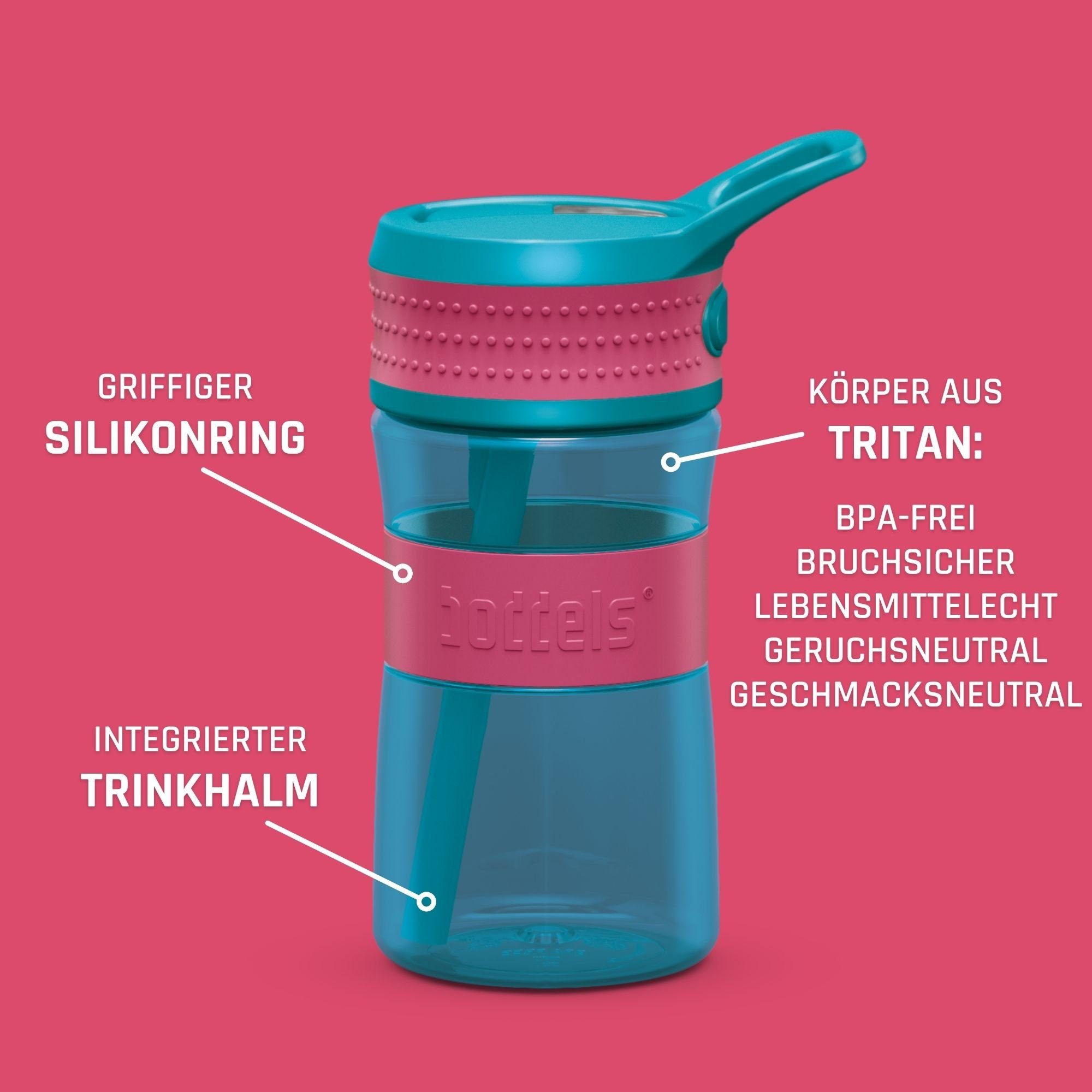 und Ein-Hand Himbeerrot Bedienung, / Trinkflasche boddels für Türkis Auslaufsicher, geruchsneutral Geschmacks- Kinder, EEN 400ml