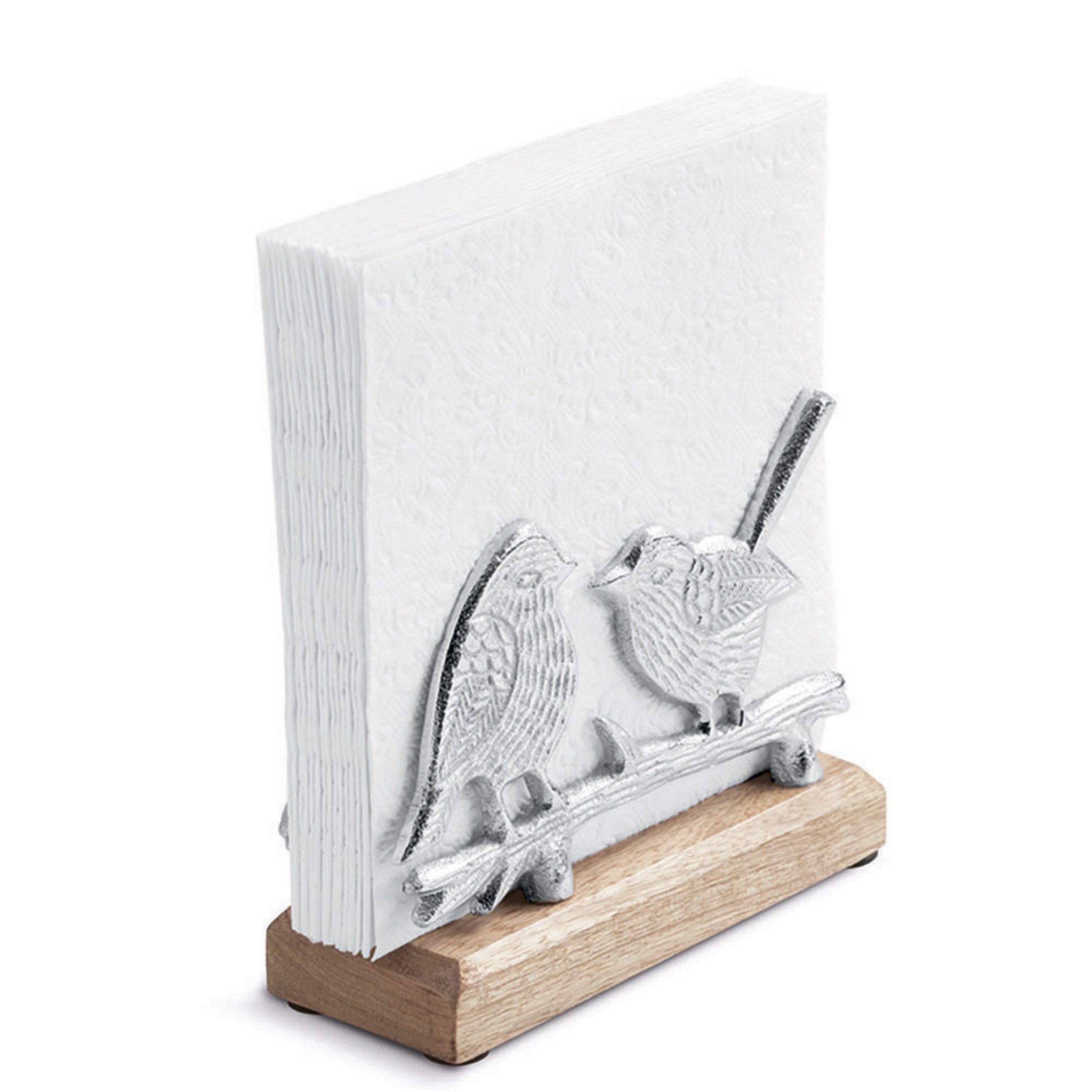 Ambiente Luxury Paper Products Serviettenhalter, Holz, Serviettenhalter 16cm aus Holz & Metall mit 2 Vögeln Silber