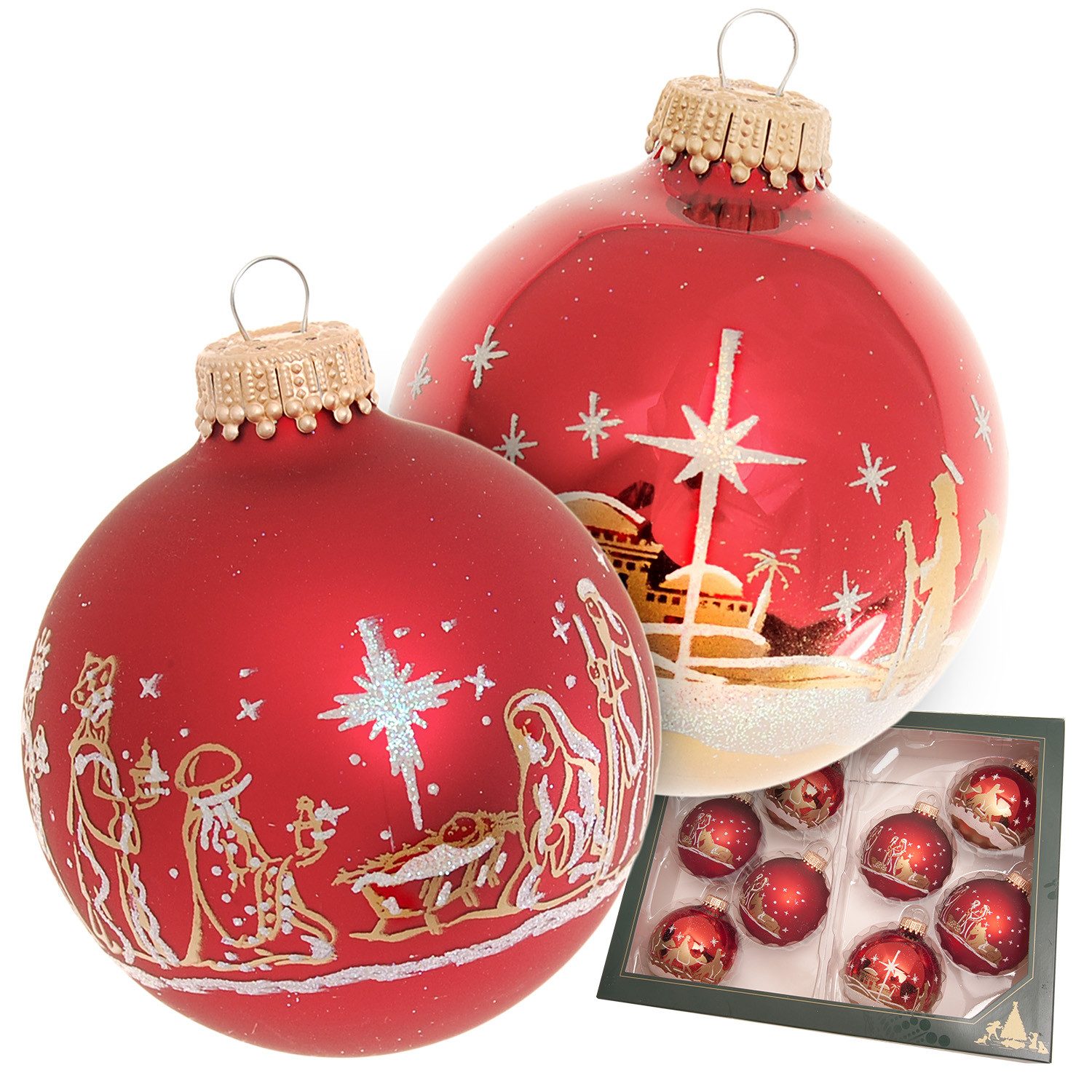 Krebs Glas Lauscha Weihnachtsbaumkugel Heilige Nacht, Weihnachtsdeko rot, Christbaumschmuck (8 St), hochwertige Christbaumkugeln aus Glas, mundgeblasen