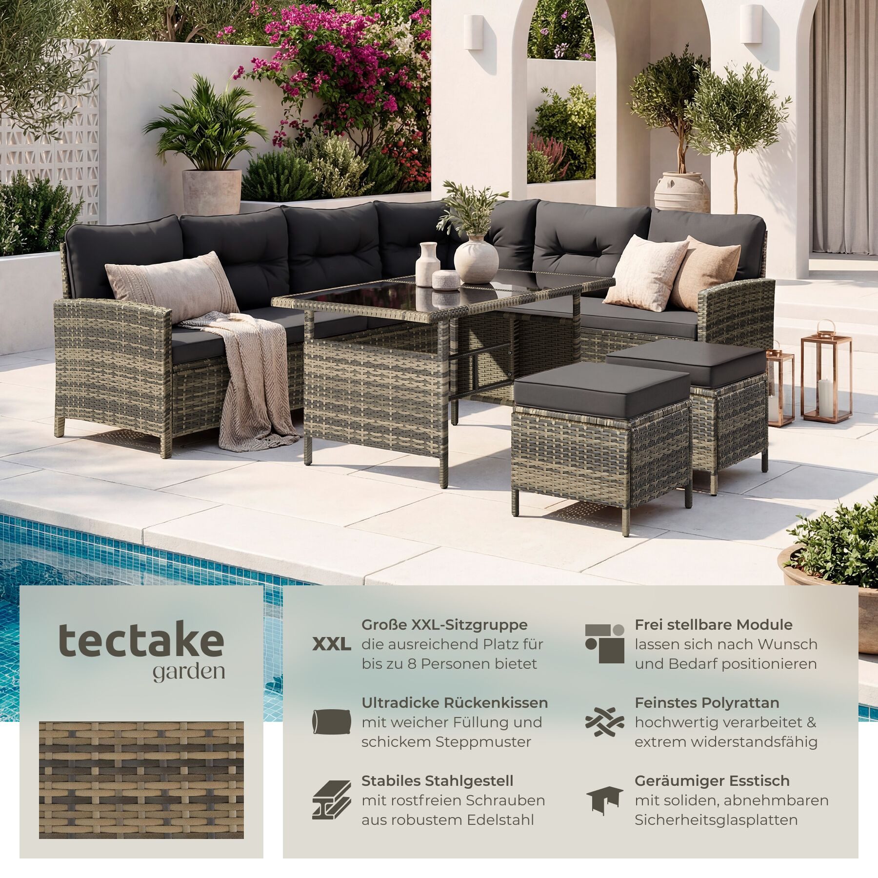 tectake Loungeset Rattan Sitzgruppe mit Sicherheitsglasplatten, für 6 bis 8 Personen, (Gartenlounge-set Barletta, 6-tlg., geeignet für Outdoor in Natur), widerstandsfähig und UV-beständig, dicke Rückenkissen