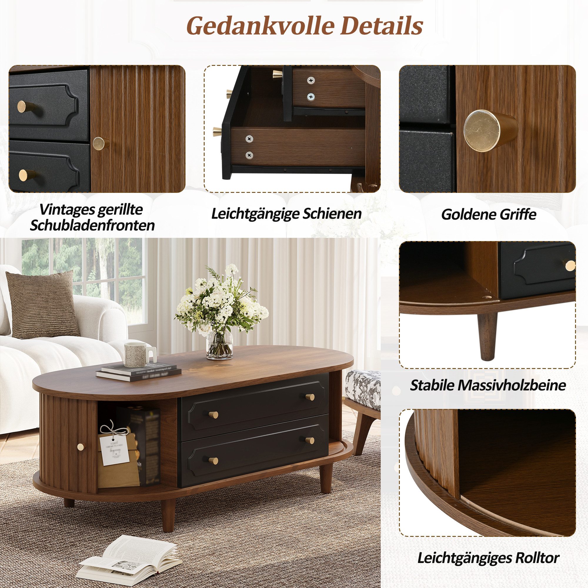 Merax Couchtisch Sofatisch Retro Beistelltisch in Walnussholzoptik (1-St), Wohnzimmertisch mit Rolltüren, 2 Schubladen & Stauraum, 100x50x36cm – Bild 4 von 5
