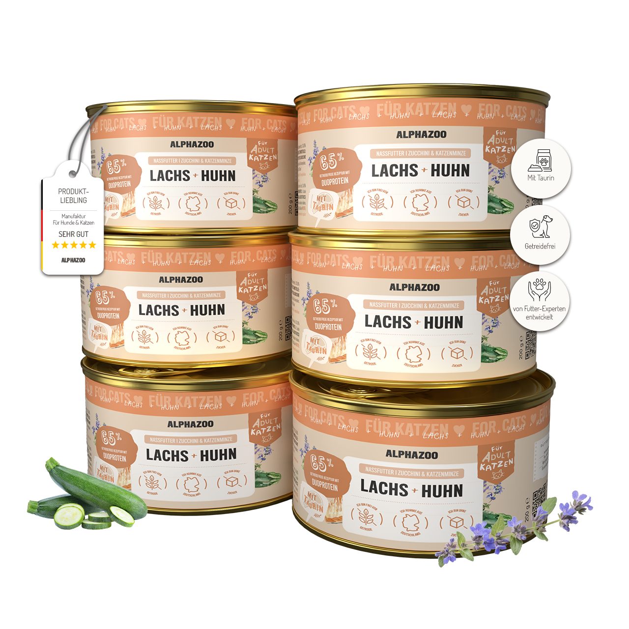 ALPHAZOO Lachs + Huhn Nassfutter für Katze 6x200g, hochwertiges Katzenfutter ohne Getreide & Zucker, Nassfutter für: Katzen, Getreidefreies, glutenfreies & schmackhaftes Futter Nass
