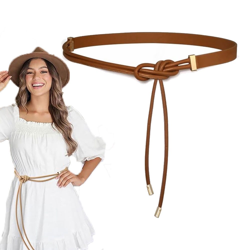 MOPUEA Taillengürtel Gürtelriemen Knotengürtel Dünner Taillengürtel aus PU-Leder für Damen (Mit Enden Aus Goldlegierung Für Damenkleider, 1-St., Verstellbar Schmales Taillenband Aus Leder Seilbund) Geknoteter Dünner Taillengürtel Im Boho Stil Schmaler Gür