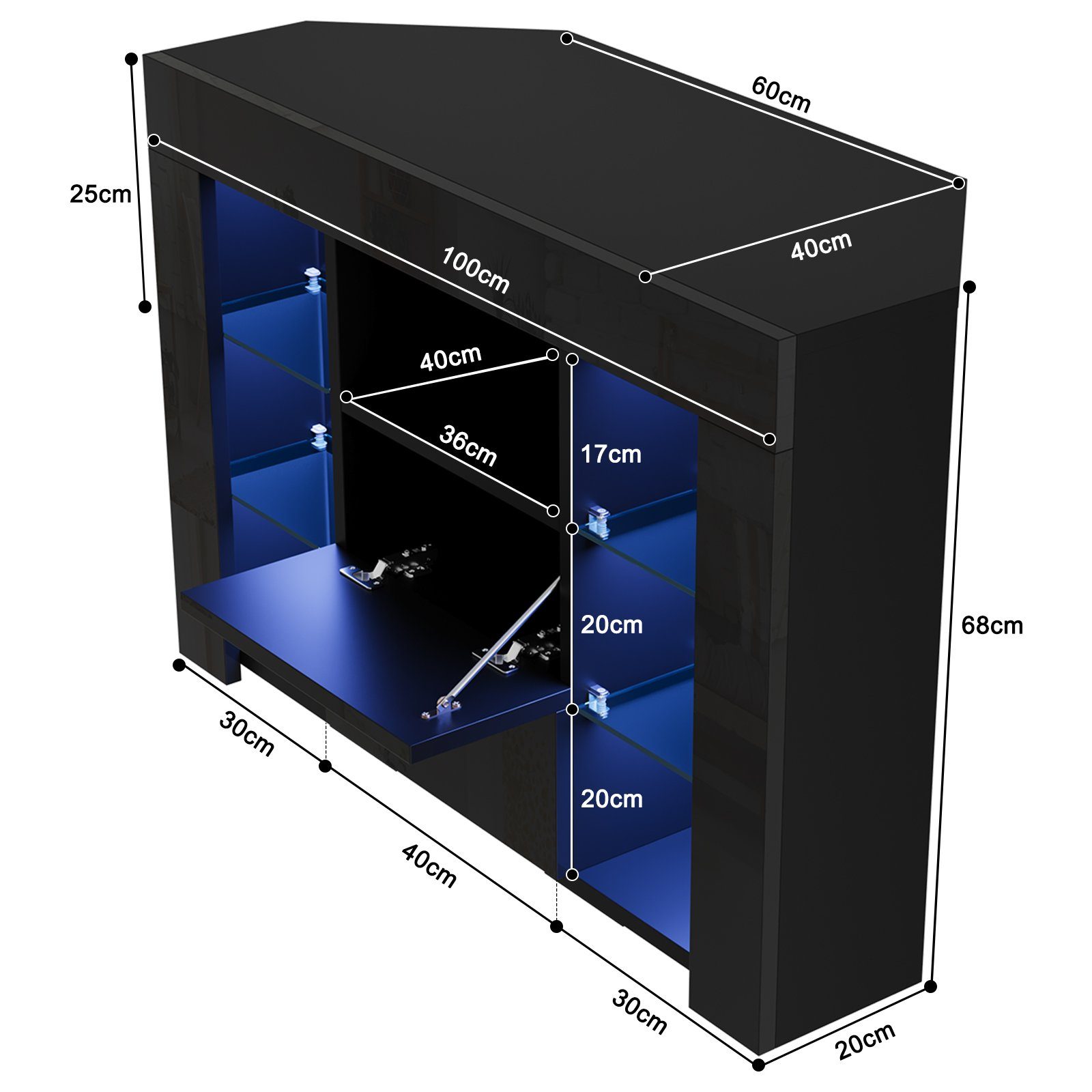 Dripex Lowboard TV Eckschrank Fernsehtisch Hochglanz mit LED 100x40x68 cm, Schwarz