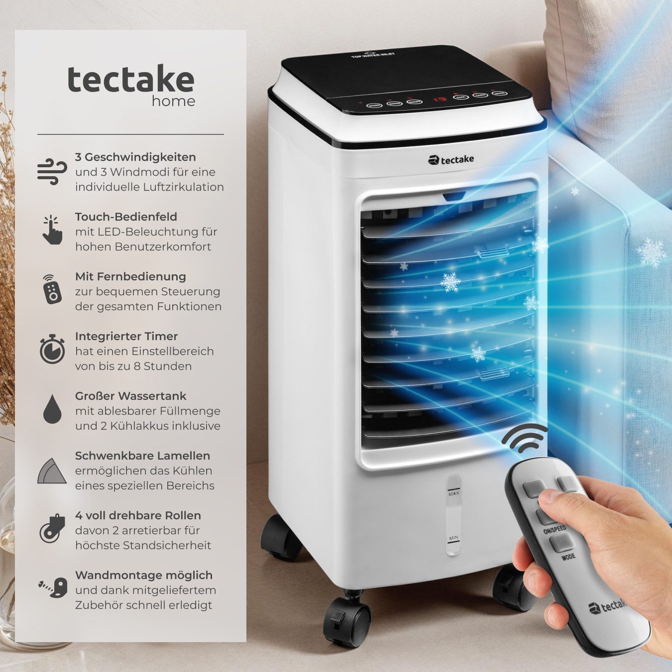 tectake Tischventilator mobiles Klimagerät Notos in weiß, Wassertank 4 l, Inkl., 3 Modi, mit Timer-Funktion, Touch-Bedienfeld mit LED-Beleuchtung
