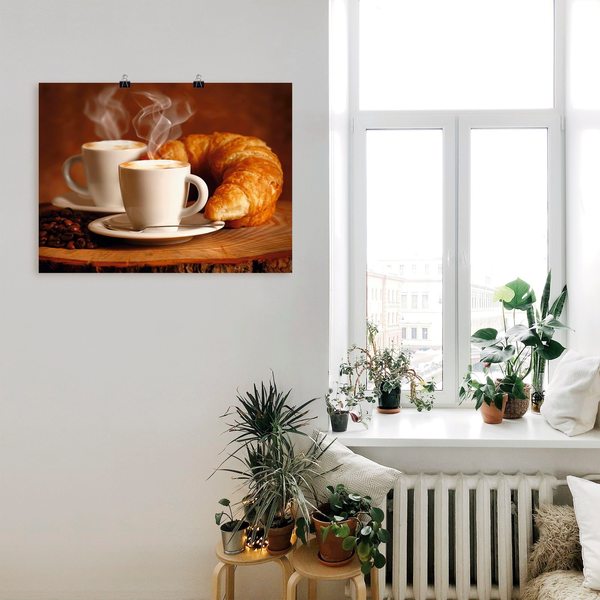 Wandaufkleber versch. oder Artland Dampfender Leinwandbild, St), Getränke (1 in Cappuccino Alubild, als Größen Wandbild und Croissant, Poster