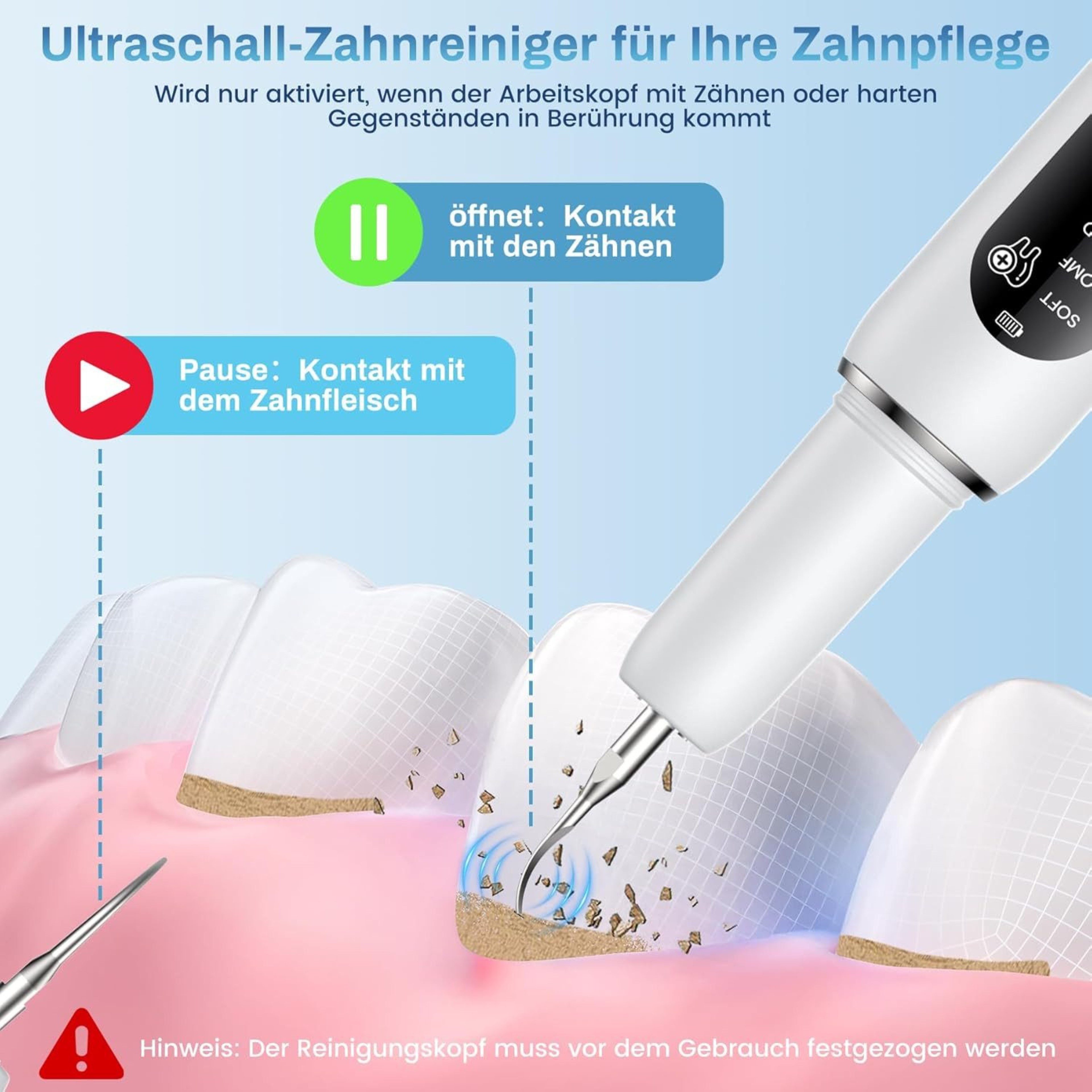FIVAVA Zahnpflege-Set Zahnsteinentferner mit Akku, LED-Licht & 3 Edelstahlaufsätzen, Professionelles Zahnreinigungs-Set für Erwachsene mit LED & Zubehör, Zahnpflege-Set für zuhause inklusive Aufsätze und Zubehör, Effektiver Zahnsteinentferner mit LED & Vibrationsreinigung
