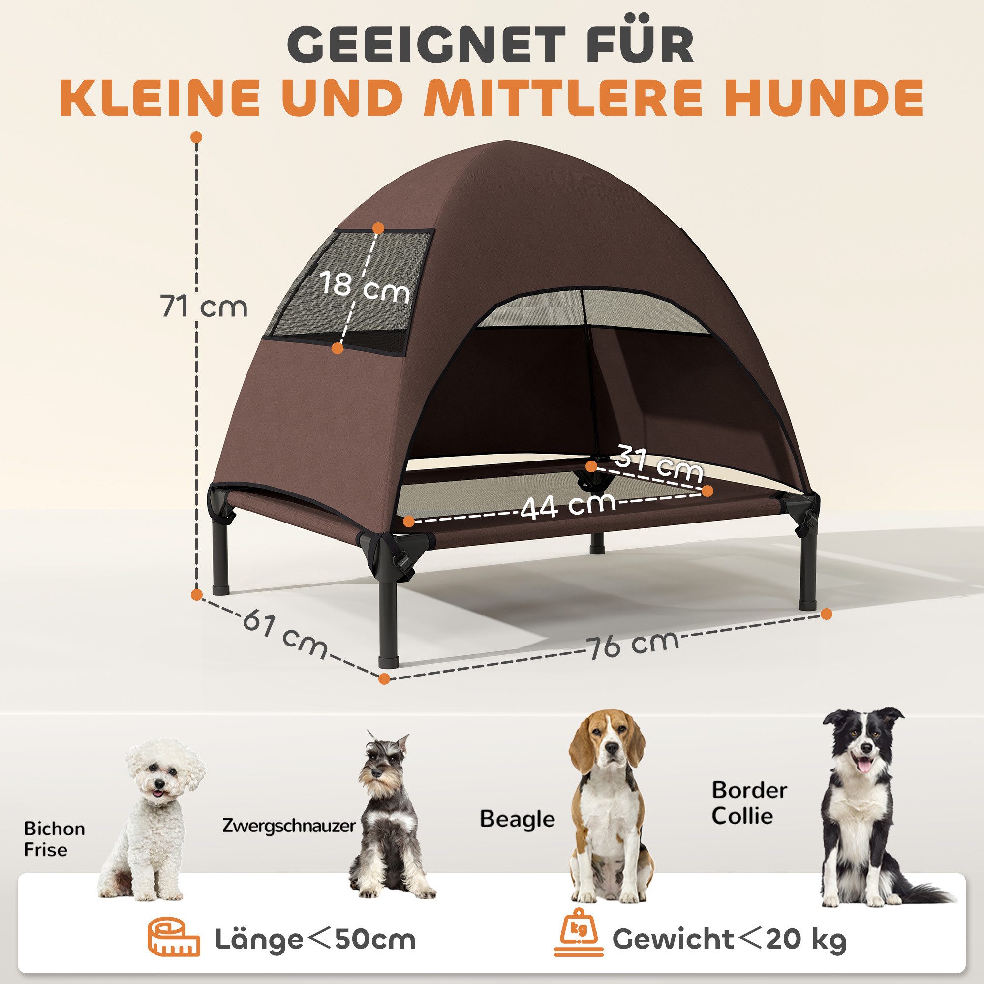 PawHut Tierbett Hundeliege Outdoor mit Dach, Erhöhtes Hundebett, Polyester, Für große Hunde, für Draußen Camping 91x76x90cm, Kaffee – Bild 3 von 5