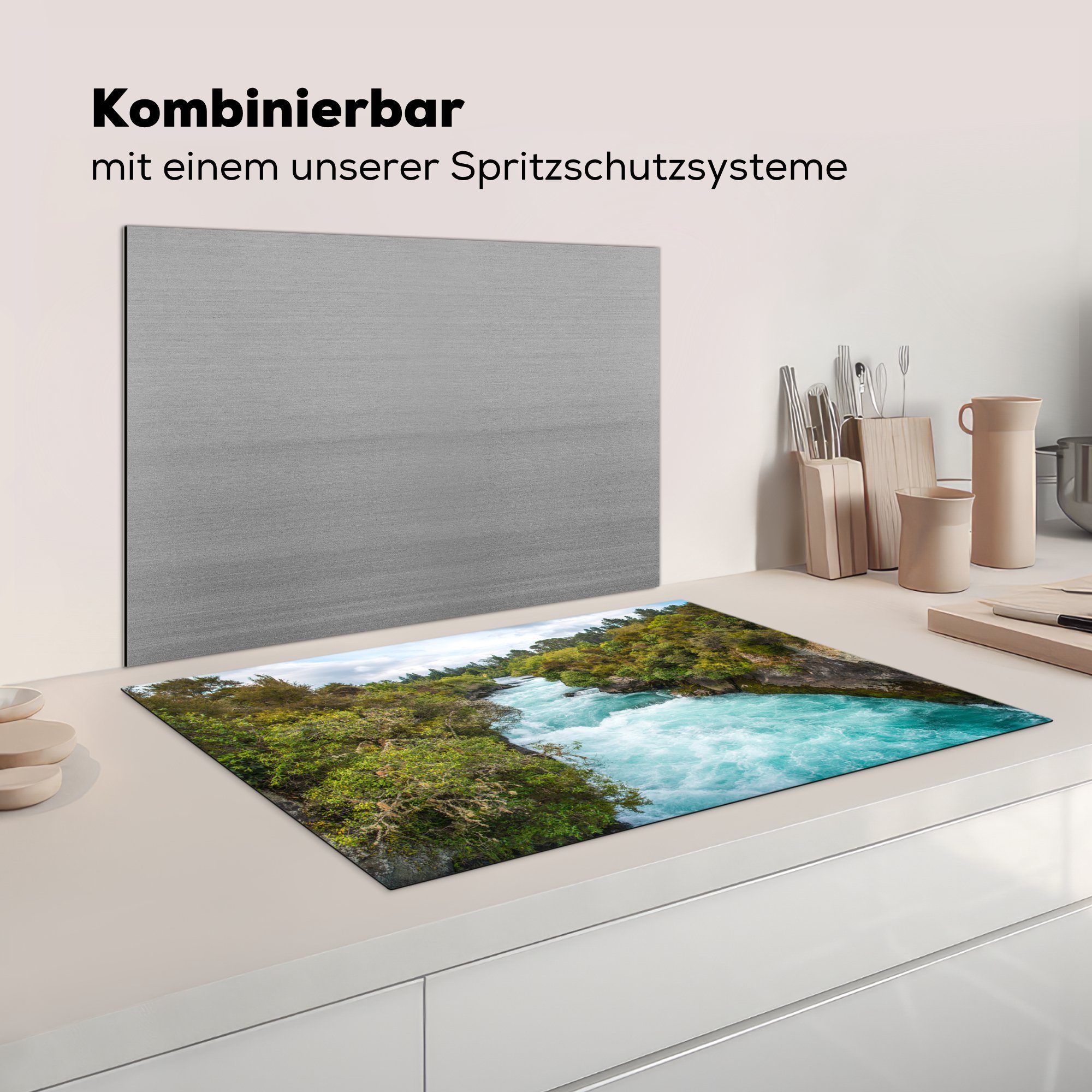 für tlg), Ceranfeldabdeckung Herdblende-/Abdeckplatte Wasser Neuseeland, cm, (1 Induktionskochfeld 81x52 Bäume Vinyl, Schutz MuchoWow - - die küche,