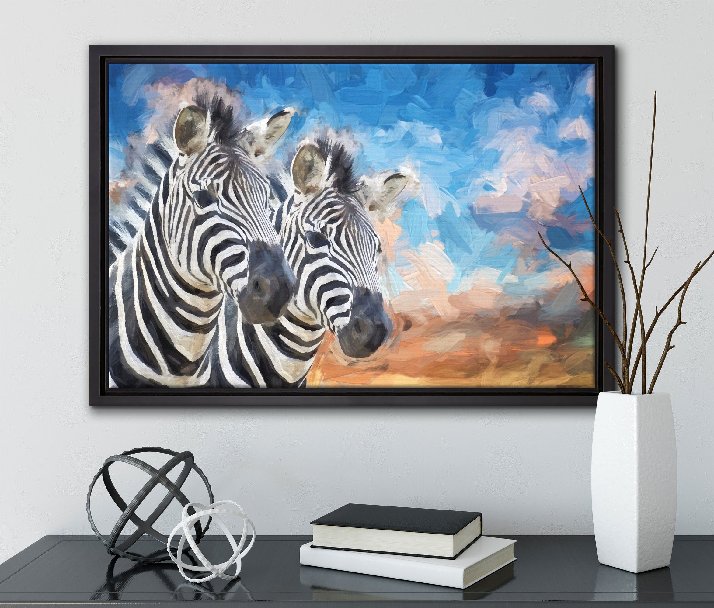 Pixxprint Leinwandbild St), einem Zebrapaar, Wanddekoration Zackenaufhänger gefasst, in (1 bespannt, Leinwandbild fertig Schattenfugen-Bilderrahmen schönes inkl.