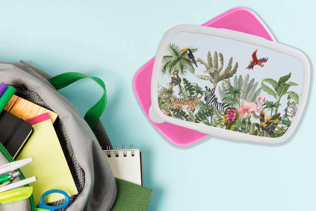 MuchoWow Affe Erwachsene, rosa Brotdose Brotbox für Jungen - - Mädchen, Mädchen - (2-tlg), Snackbox, Dschungel Kunststoff, Flamingo - Kunststoff Lunchbox - Kinder, Kinder,