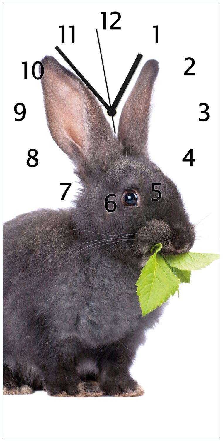 Wallario Wanduhr Süßes Kaninchen mit Grünzeug beim Futtern (Uhr aus Acryl)