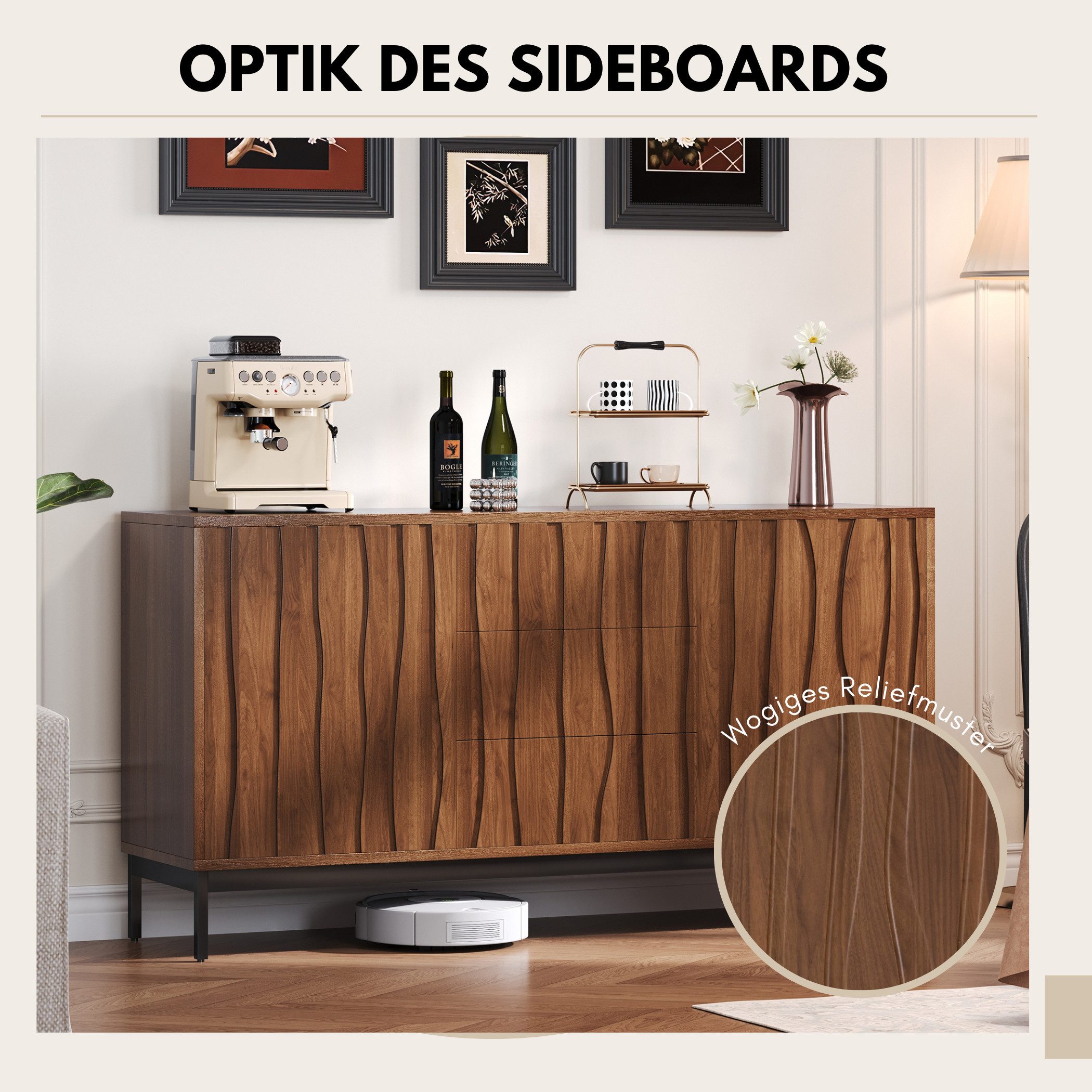 SeedWave Sideboard Retro Sideboard Anti-Kipp Grifflose Kommode mit 2 Türen, 3 Schubladen, Mehrer Stauraum, verstellbare Einlegeböden, Rückprallstellsetzung