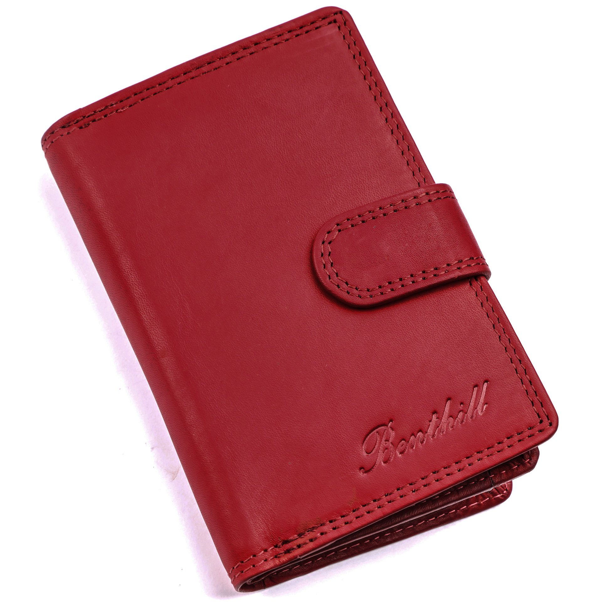Benthill Geldbörse Damen Klein Echt RFID Kartenfächer Kompakt, Portemonnaie RFID-Schutz Kleines Leder Münzfach Vintage Rot Reißverschlussfach