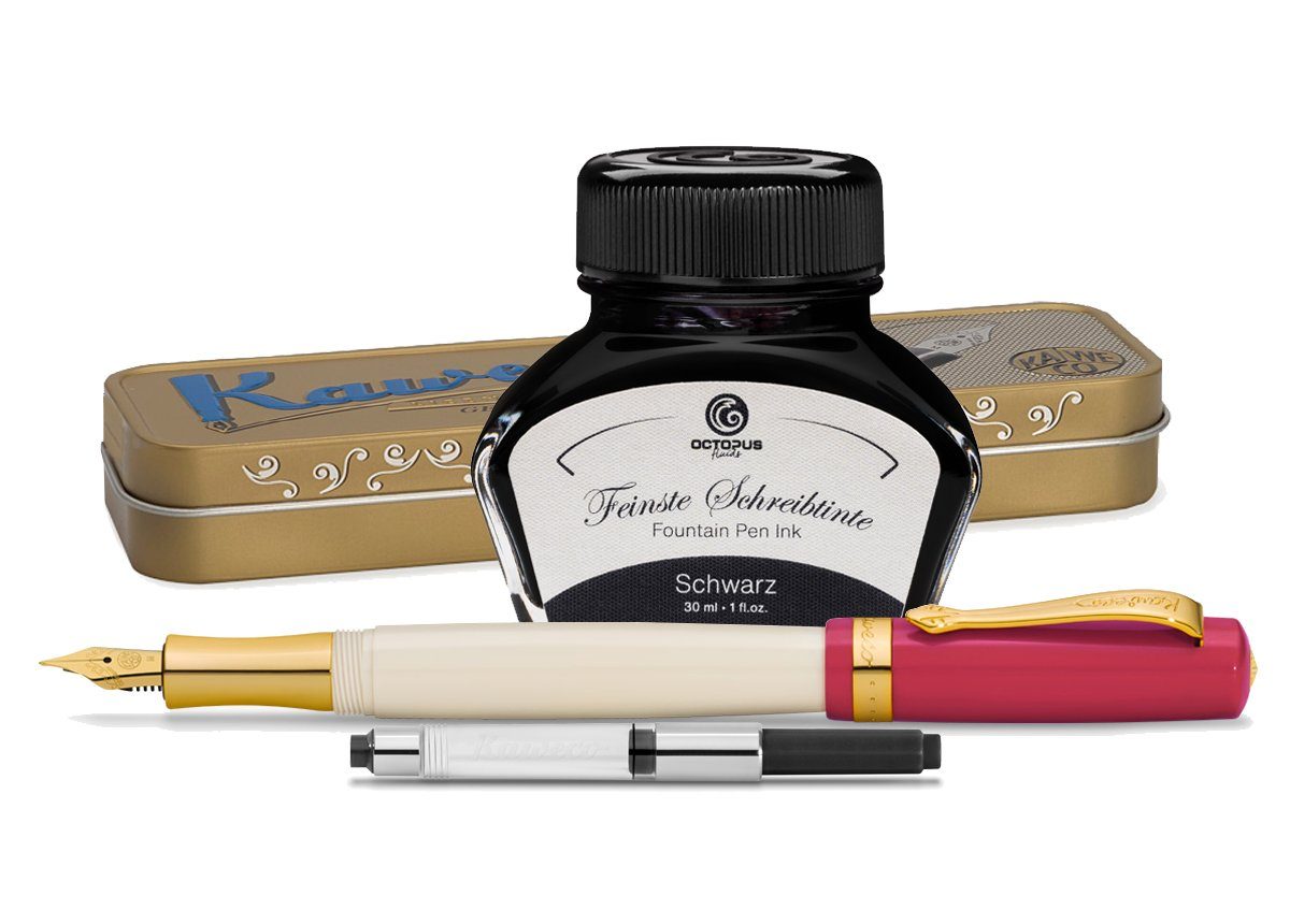 Kaweco Kaweco Student mit Füllhaltertinte Metalletui 30's Blues, Schwarz Tintenglas (Komplett-Set mit Kaweco Student Füllhalter, Tintenkonverter, Octopus Fluids Schreibtinte und Kaweco Metalletui, 0-tlg., MADE IN GERMANY)