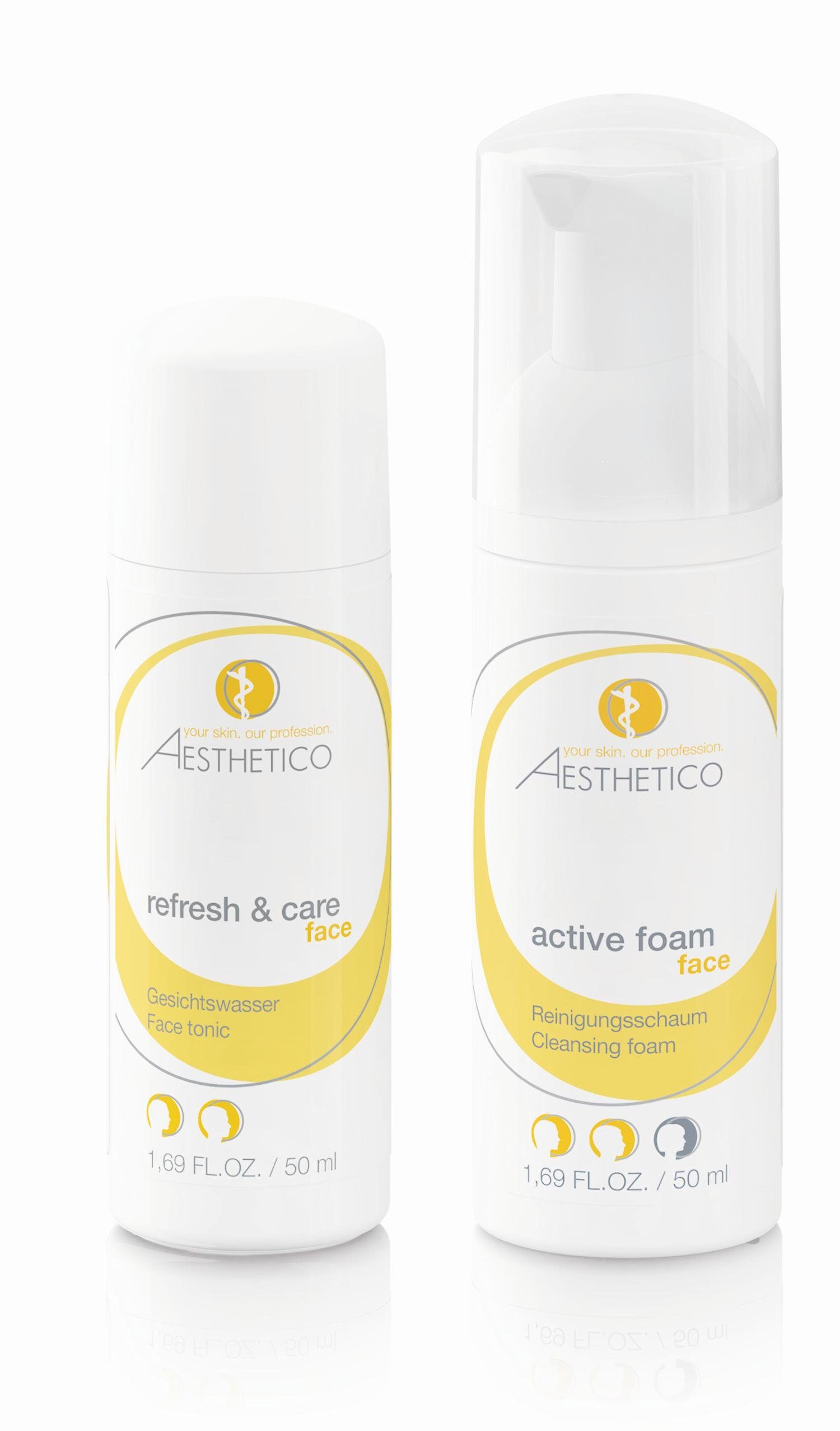 Gesichts-Reinigungscreme AESTHETICO Reiseset refresh & care + active foam, 2x 50 ml