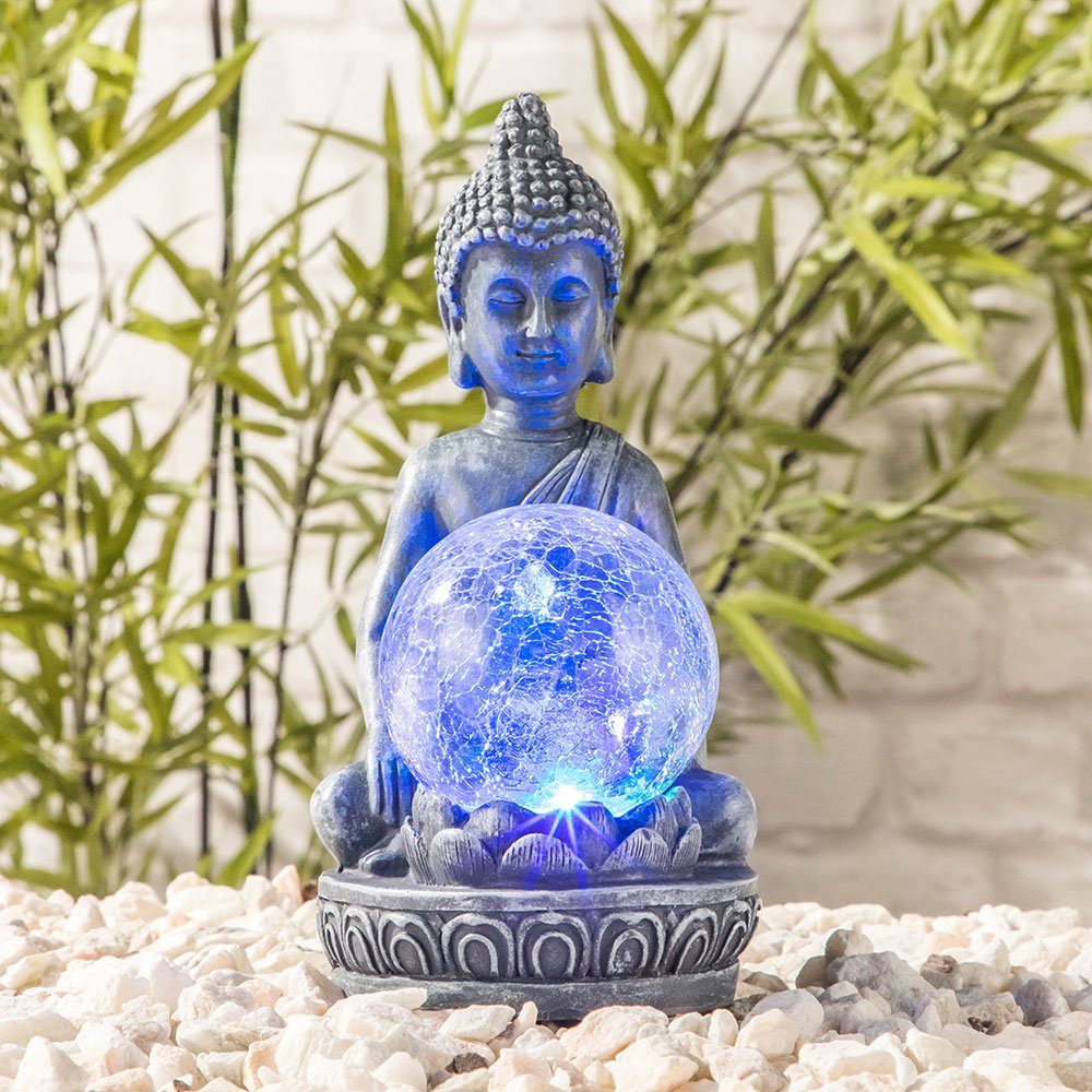 LED Garten Buddha Solarleuchte, crackle Solarleuchte Figur etc-shop mit Glaskugel LED