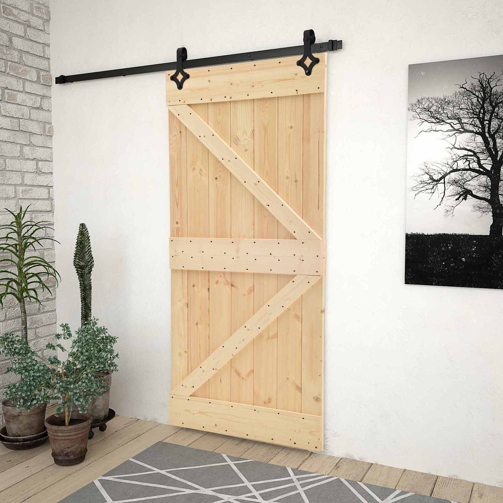 furnicato Schiebetür Massivholz 80 x 210 cm Natürlich und Schwarz, Stabile Schiebe-Tür mit Stahl-Schiene für deinen Innenbereich