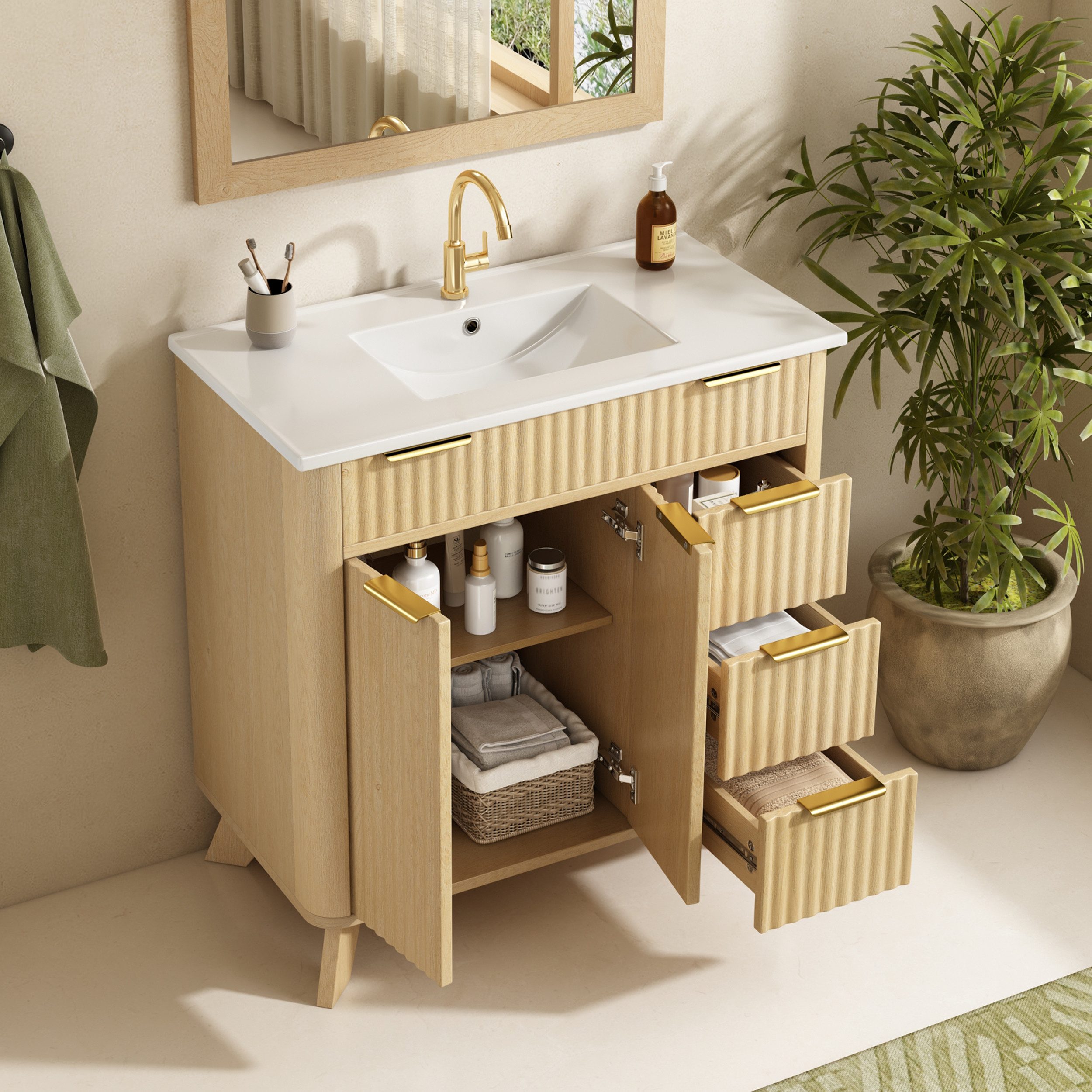 Merax Waschtisch mit Waschbecken, freistehend Waschtischunterschrank Holzoptik (Badezimmer Unterschrank ohne Armatur, 1-St., 81×47×90cm), Badschrank mit 3 Schubladen, Doppeltür & Einlegeboden