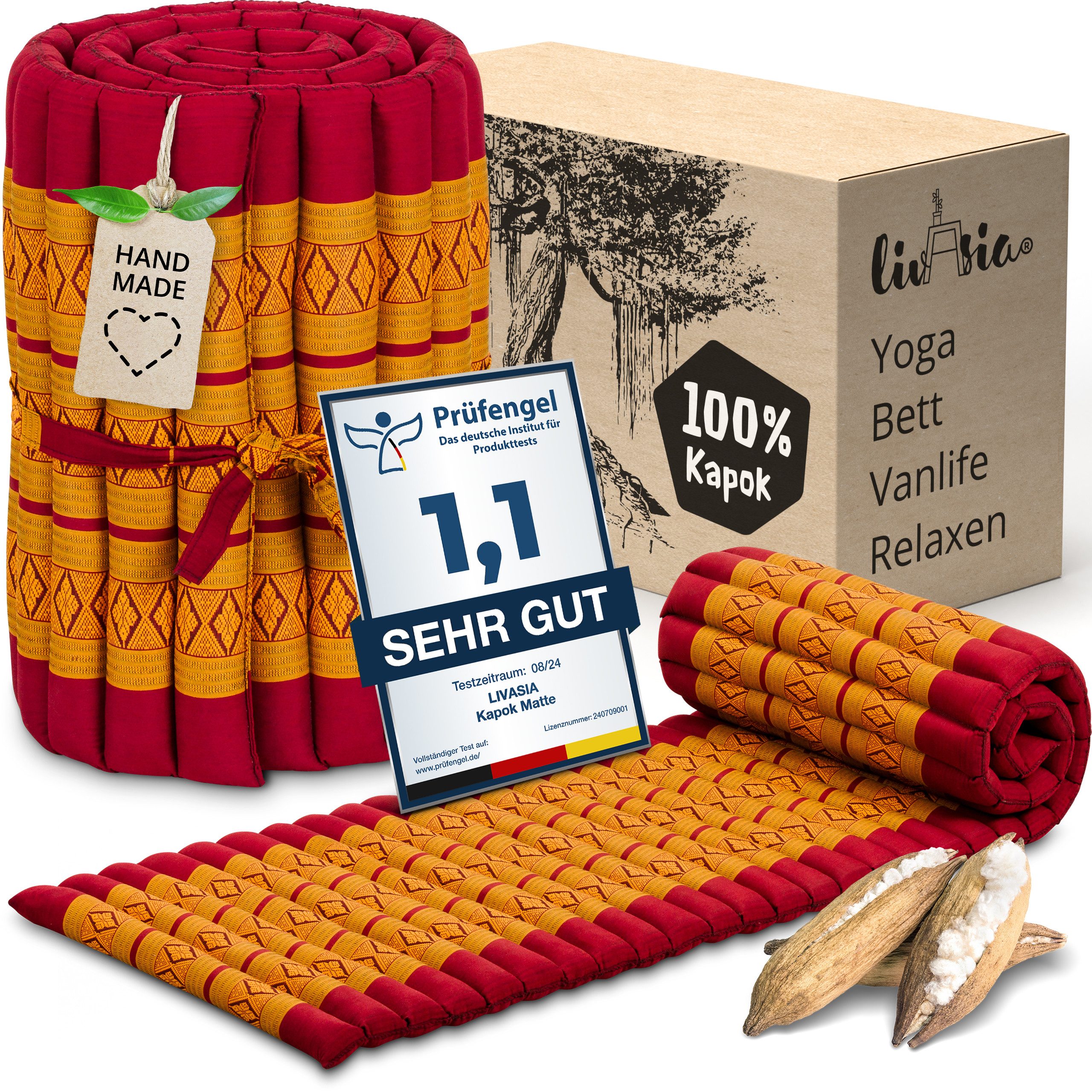 Reisebett-Matratzen Rollmatte 50 cm breit, vegan und handgefertigt, 210x50x4,5cm, livasia, 4,50 cm hoch, Kapok