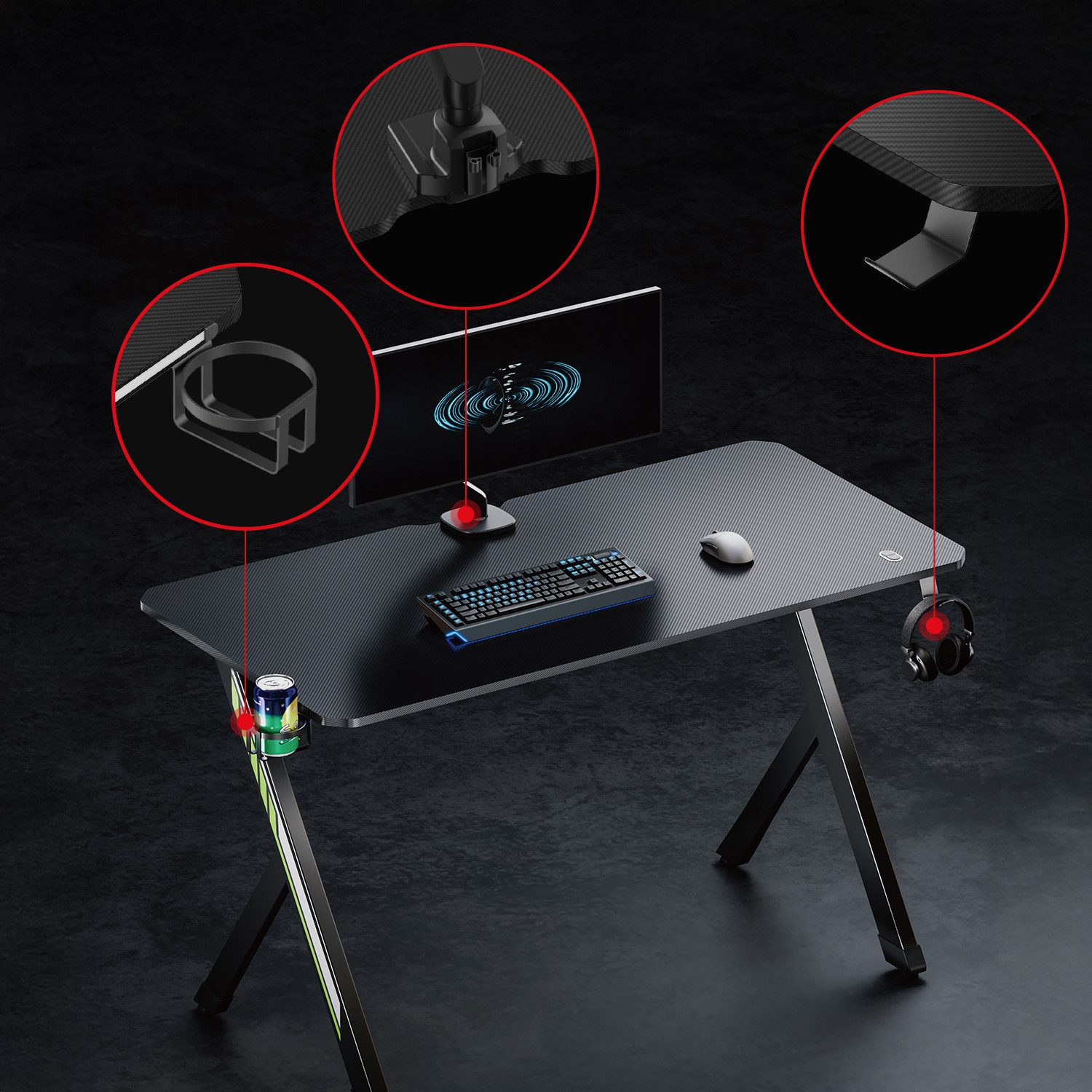 NanoRS Gamingtisch RS101 mit Kopfhörer- und Becherhalter max. 75kg, Abmessungen 120x60x75 cm