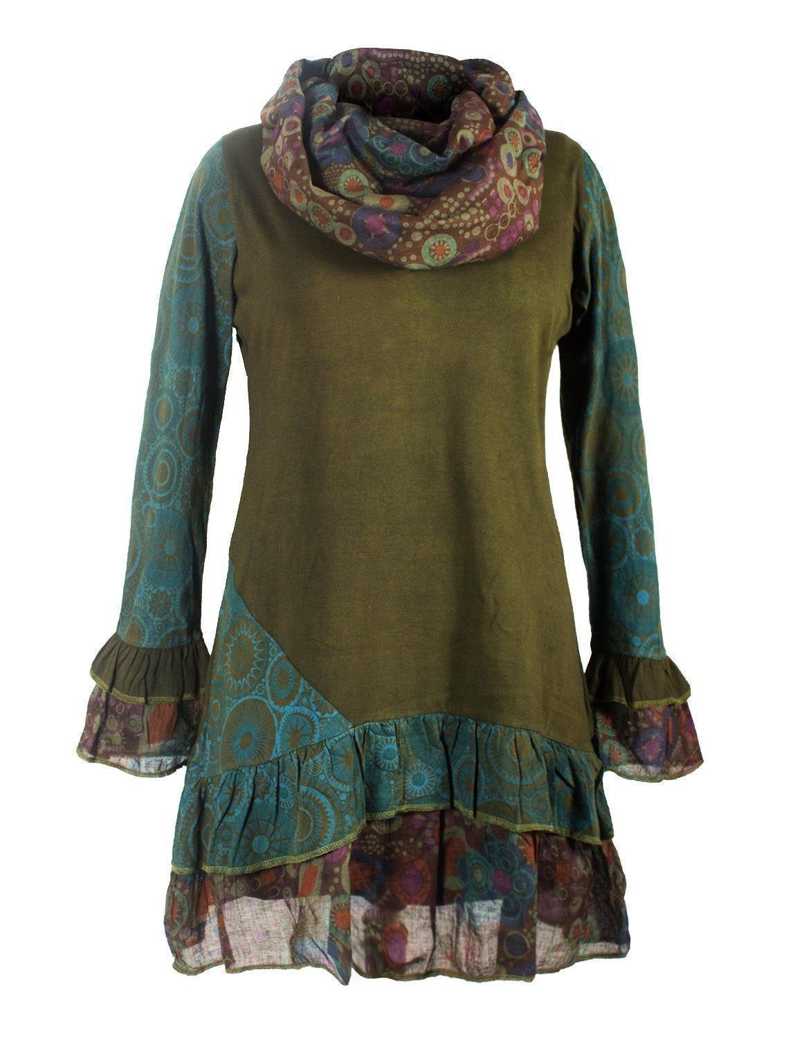 Midikleid Langarm Mandala Rüschen-Kleid mit Kapuzenschal