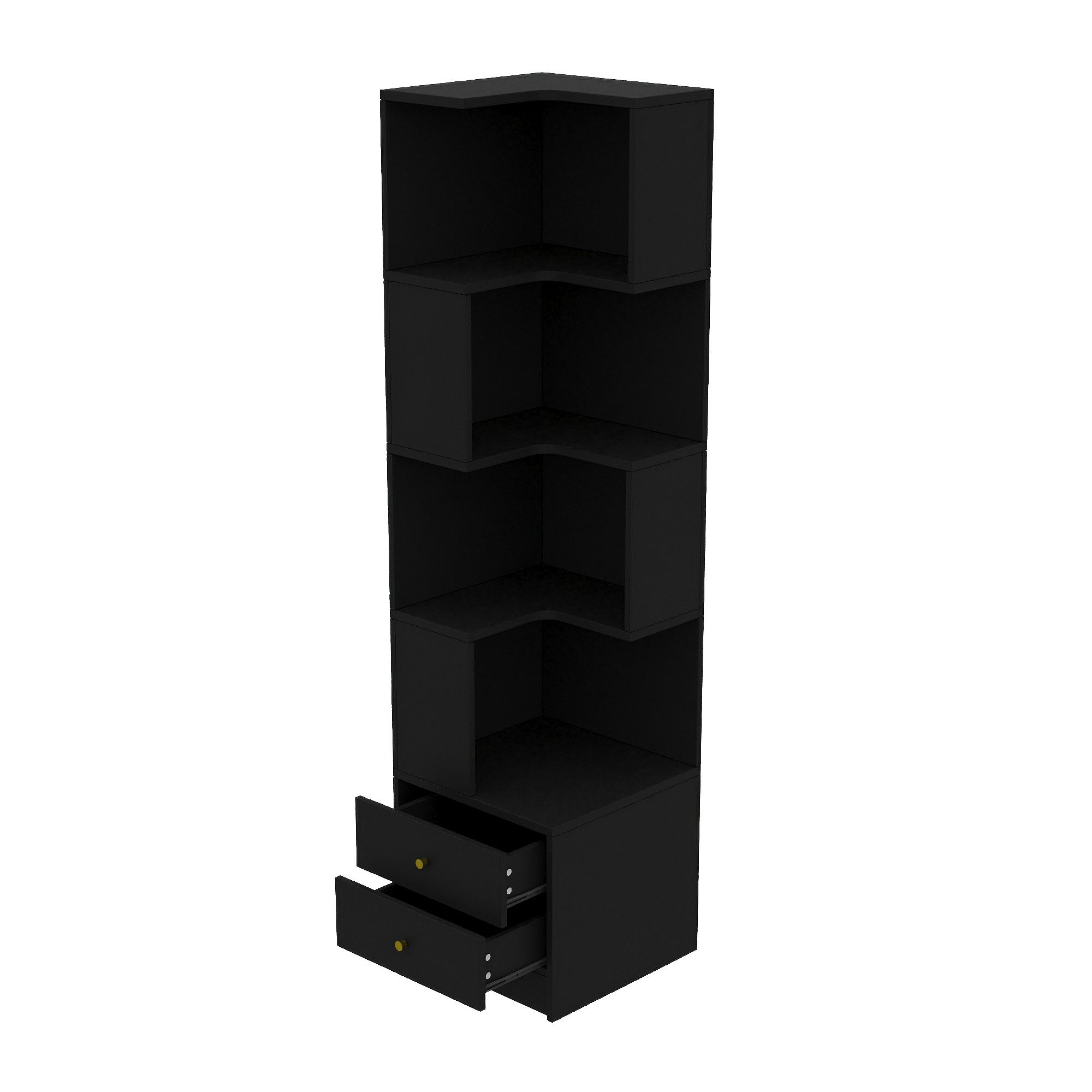 Flieks Bücherregal Standregal Eckregal mit LED-Beleuchtung und 6 Ebenen/5 Ebenen, B63,5/T45/H180 cm 1-tlg., Eckbücherregal mit 4 Fächer&2 Schubladen L-förmig Hochschrank Schwarz