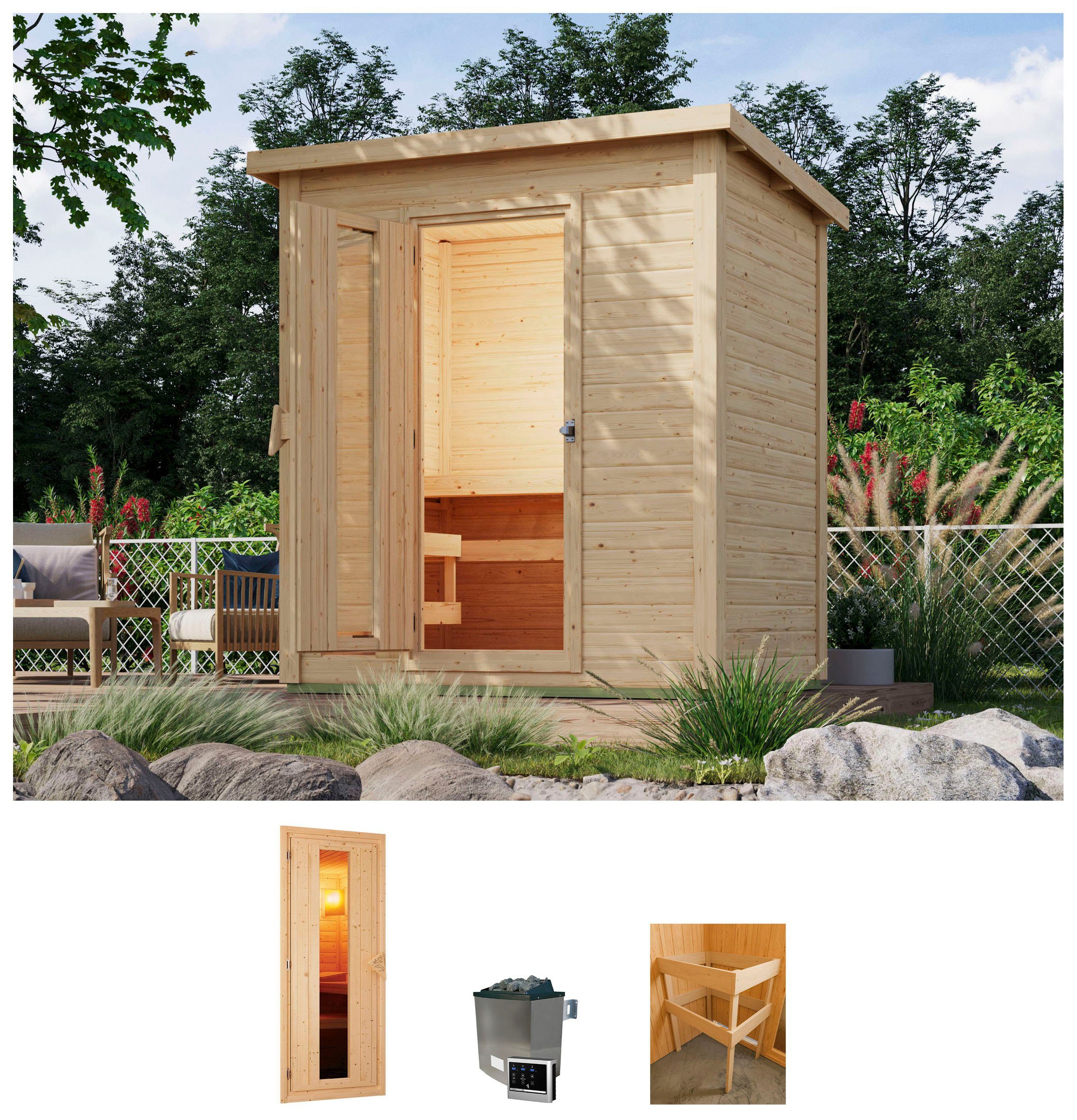 Karibu Saunahaus Talo 1, BxTxH: 213 x 163 x 228 cm, 38 mm, (Set) Ofen 9 KW externe Strg easy