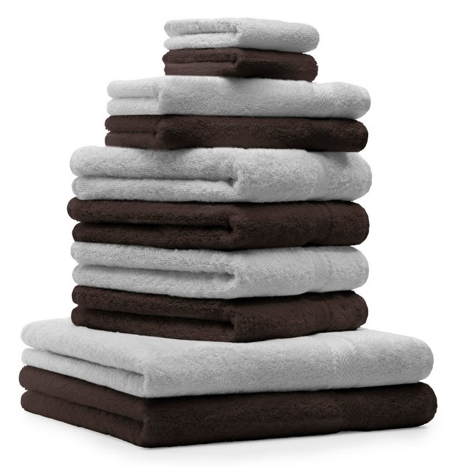 Betz Handtuch Set 10-TLG. Handtuch-Set Premium 100% Baumwolle 2 Duschtücher  4 Handtücher 2 Gästetücher 2 Waschhandschuhe Farbe Silber Grau & Dunkel  Braun, 100% Baumwolle