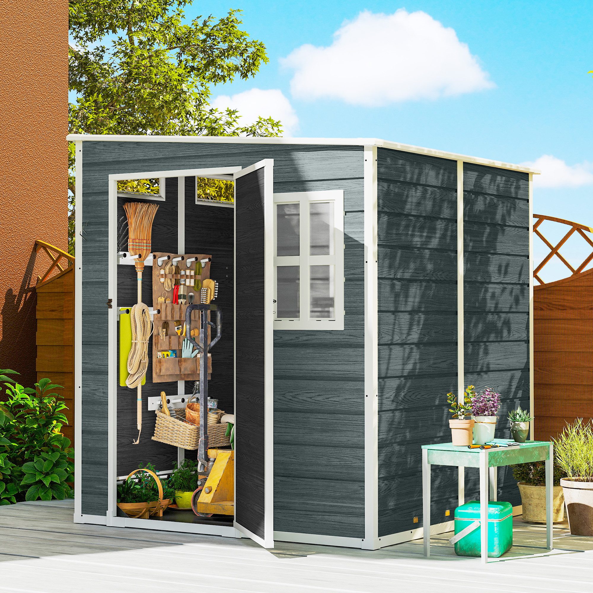 Outsunny Gerätehaus Geräteschuppen mit Holzoptik 3 Fenster Kunststoff Gartenschuppen, BxT: 182x182 cm, (Geräteschuppen, 3 St., Gartenschuppen), für Werkzeuge Fahrrad Grau