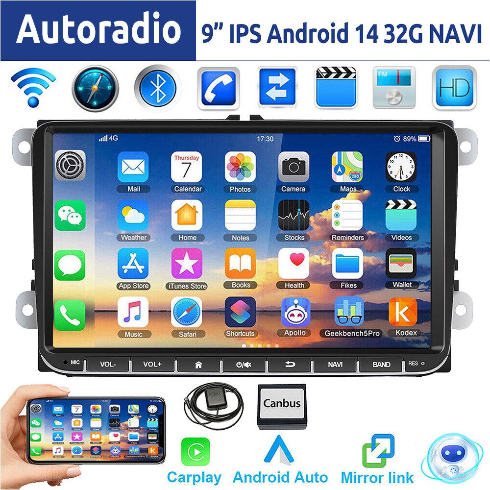 ESSGOO 9" Android 14 Für VW GOLF 5 6 Touran EOS Tiguan Polo 6R Passat Caddy Autoradio (DAB (optional), DAB+ (optional), FM, RDS, Carplay Android Auto Bluetooth EQ USB GPS Navi WIFI IPS Touchscreen)