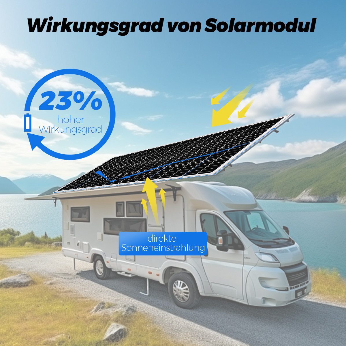 Rhein Beleuchtung Solarmodul 100W-300W Monokristallines Solarpanel & Solarmodul 12V, 200 W, Monokristallin, (Hinweis: Die Modulabmessungen variieren mit der Wattzahl, 1-St., Vielseitig für Wohnmobil, Gartenhaus & Haushalt, Solar Set), IP65 Wasserdicht - Effizientes PV-Modul ideal für Balkonkraftwerk