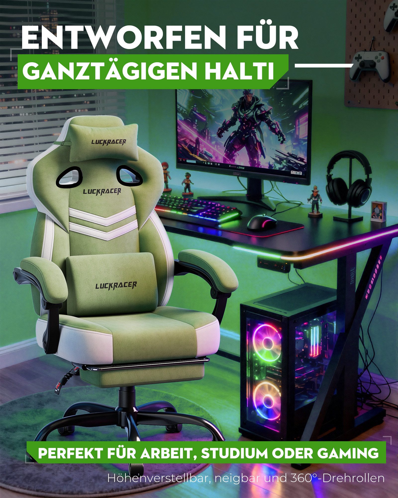 LUCKRACER Gaming-Stuhl Stoff/Kunstleder, Bürostuhl mit verbundenen Armlehnen, Memory-Schaum, 90–155° Neigungswinkel und Fußstütze