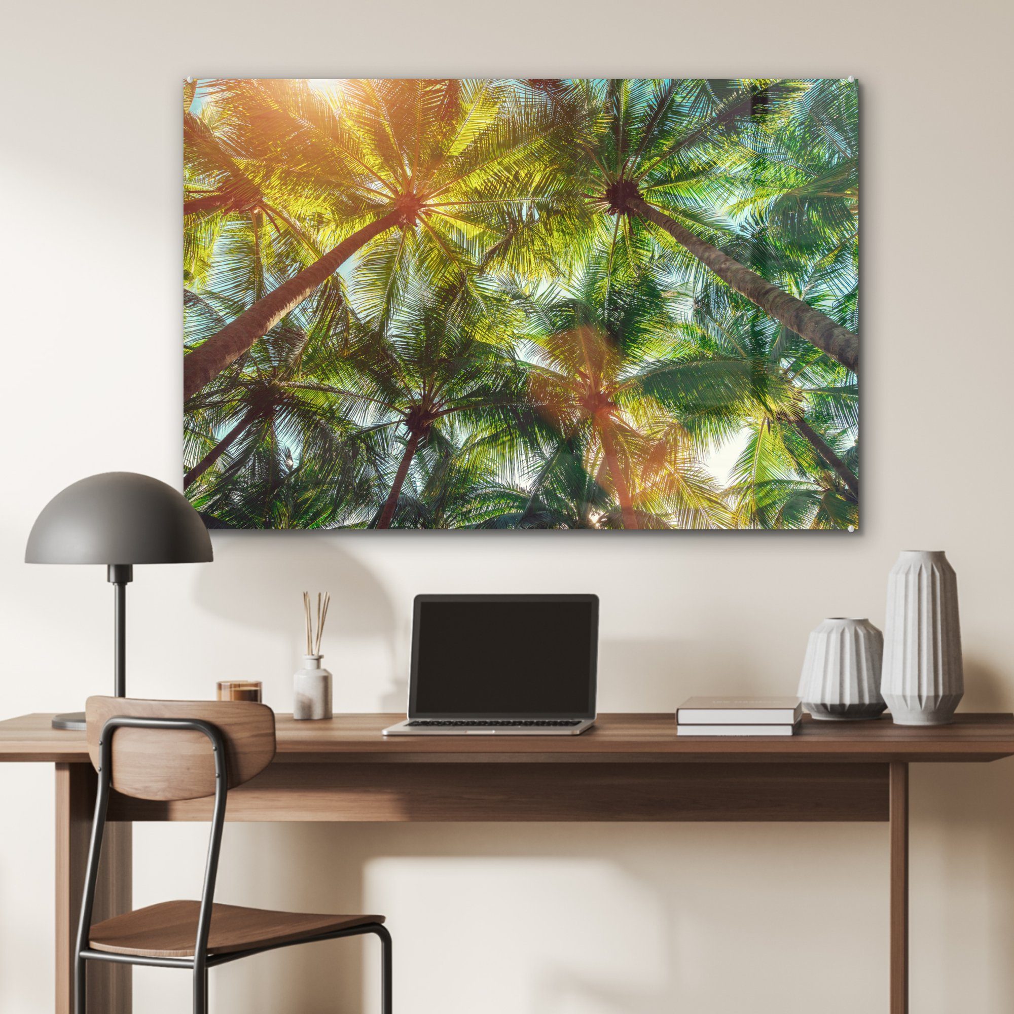 Blätter Wohnzimmer Palme (1 MuchoWow & - Schlafzimmer Acrylglasbilder Sonne, St), - Acrylglasbild