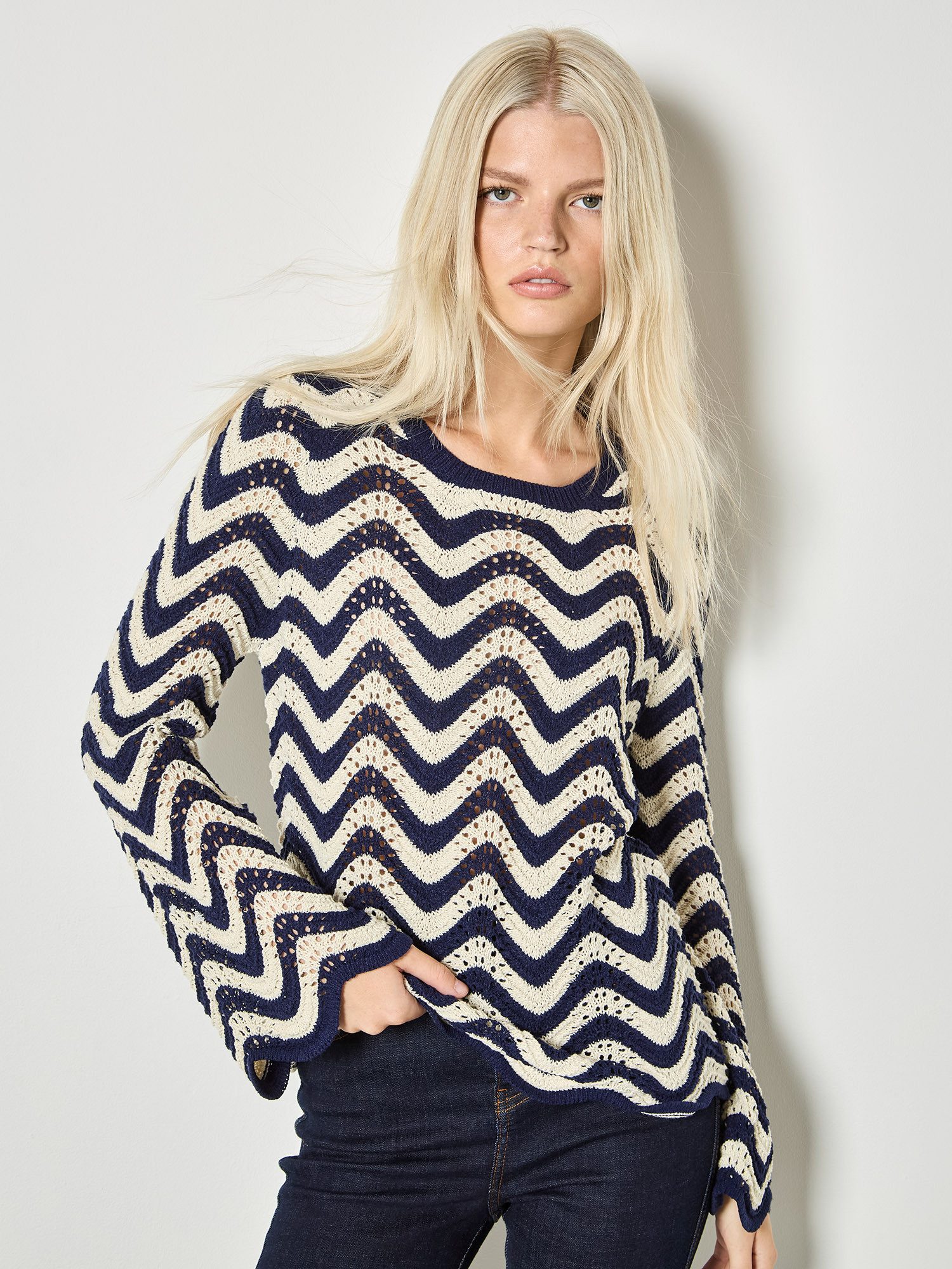 Apricot Streifenpullover Gestreifter Pullover aus Pointelle-Strick Gemustert