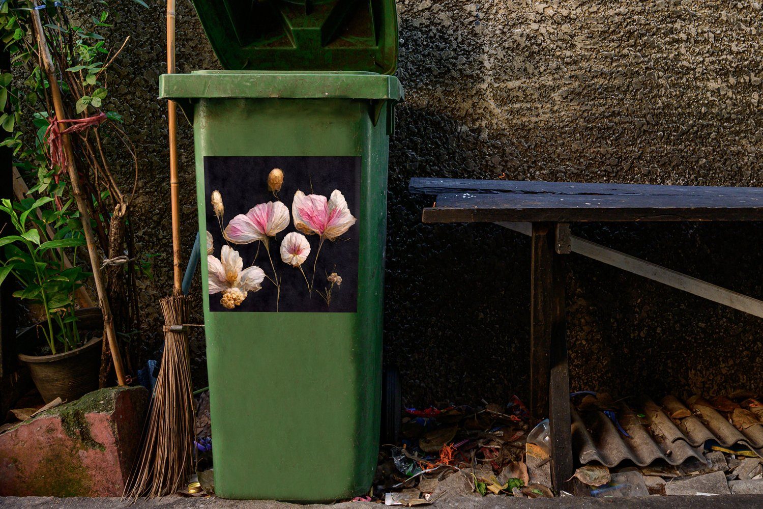 Wandsticker Container, (1 - Abfalbehälter Mülltonne, Blumen Pflanzen MuchoWow - Rosa Mülleimer-aufkleber, Sticker, Schwarz St), -