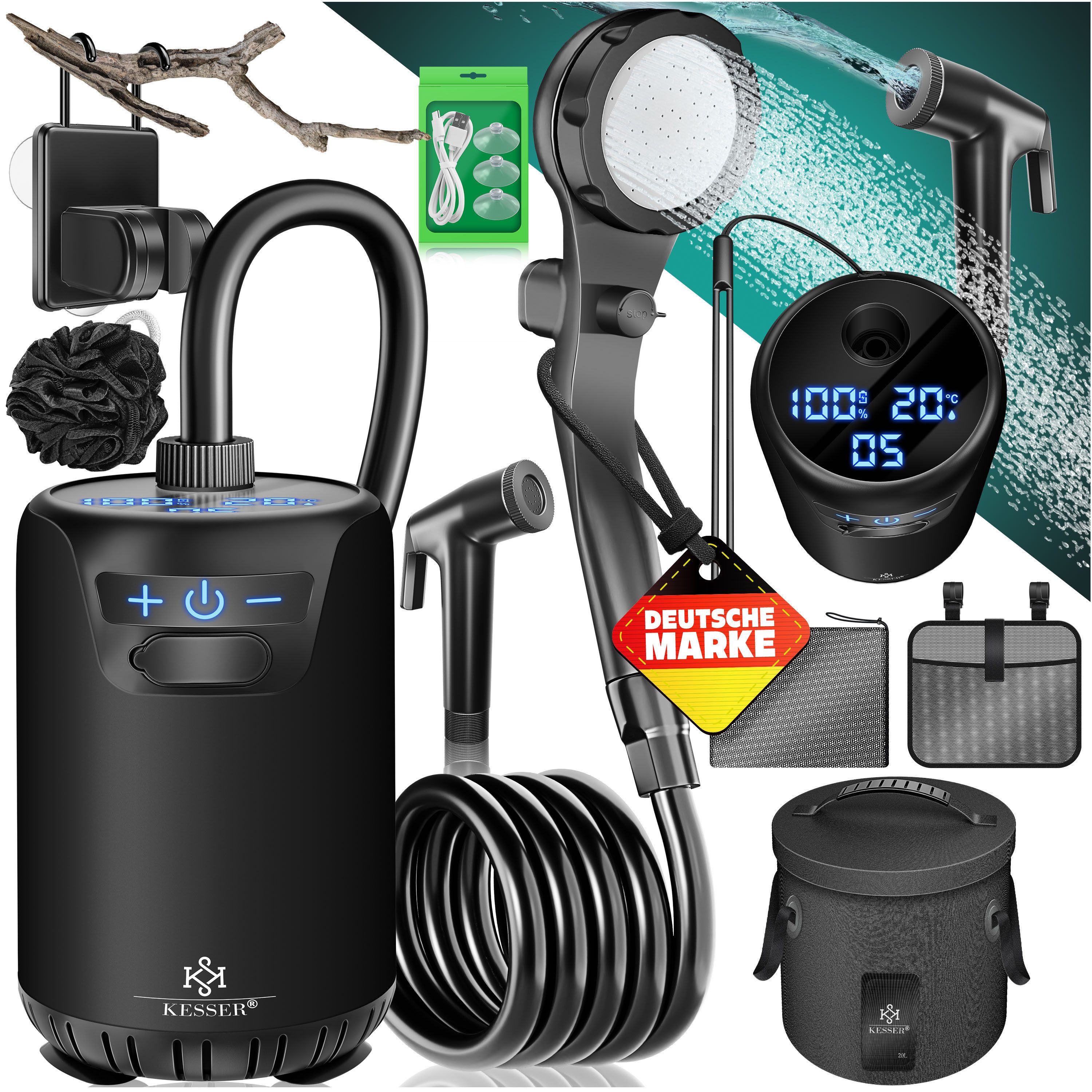 KESSER Gartendusche Campingdusche mit 20L Behälter, Pumpe & wiederaufladbarer Akku 4000mAh (Mobile Dusche inkl. Duschkopf, 2m Schlauch, Sprühpistole & Halterung), Outdoor Dusche