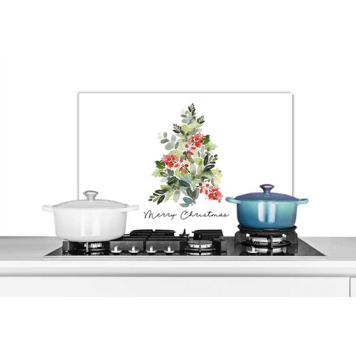 MuchoWow Küchenrückwand Weihnachtsbaum - Aquarell - Zitat (1-tlg) Herdblende aus Wandschutz Temperaturbeständig küchen