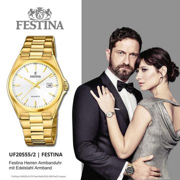 Festina Quarzuhr Festina Herrenuhr Klassik, (Analoguhr), Herren Armbanduhr rund, Edelstahlarmband gold, Casual