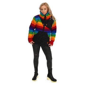 KUNST UND MAGIE Strickjacke Strickjacke Wolle Bunte Regenbogen Jacke Fleecefutter Hochkragen Fair