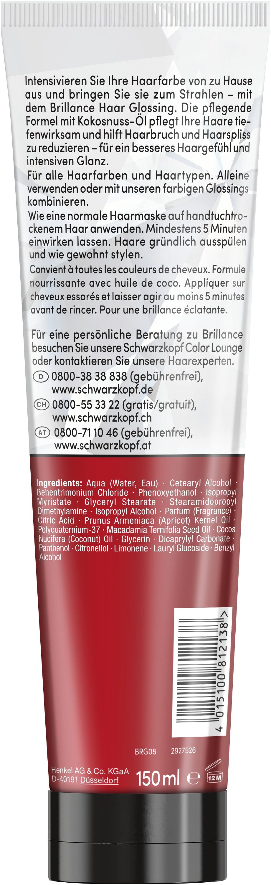 Schwarzkopf Haarmaske BRILLANCE Glanz-Behandlung Haar Glossing Neutral 3 x 150ml, Spar-Pack, 3-tlg., pflegt und intensiviert alle Haarfarben, hält bis zu 6 Haarwäschen