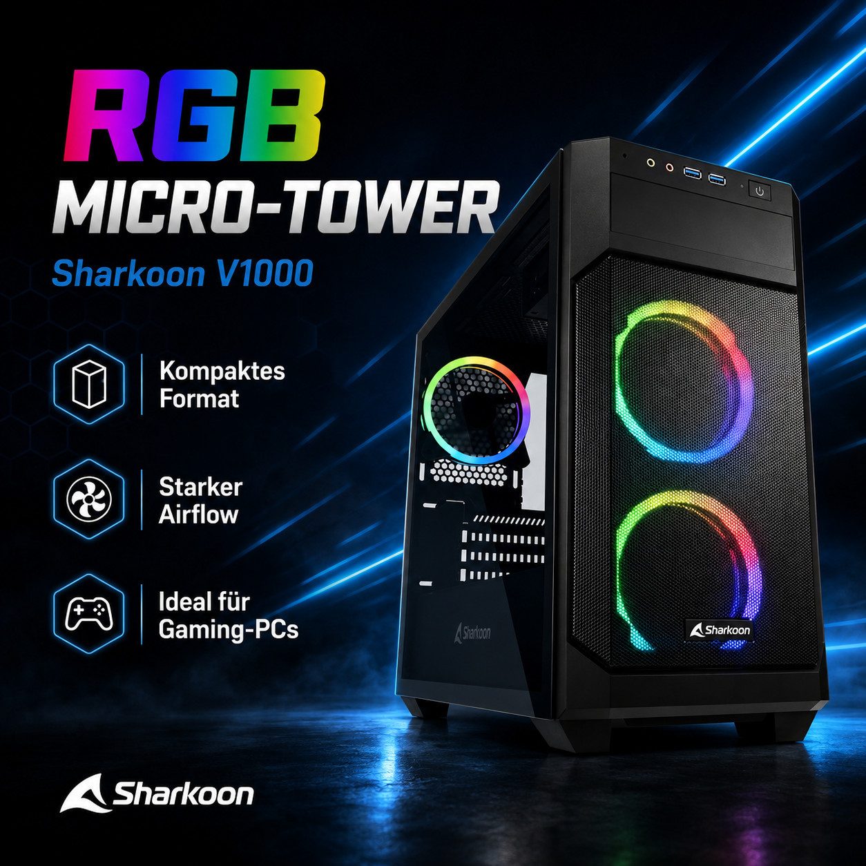 Sharkoon PC-Gehäuse V1000 PC Gehäuse Micro-Tower Gaming Computergehäuse RGB Micro ATX, RGB Gaming Gehäuse Computergehäuse Micro PC Computer Gaming Tower