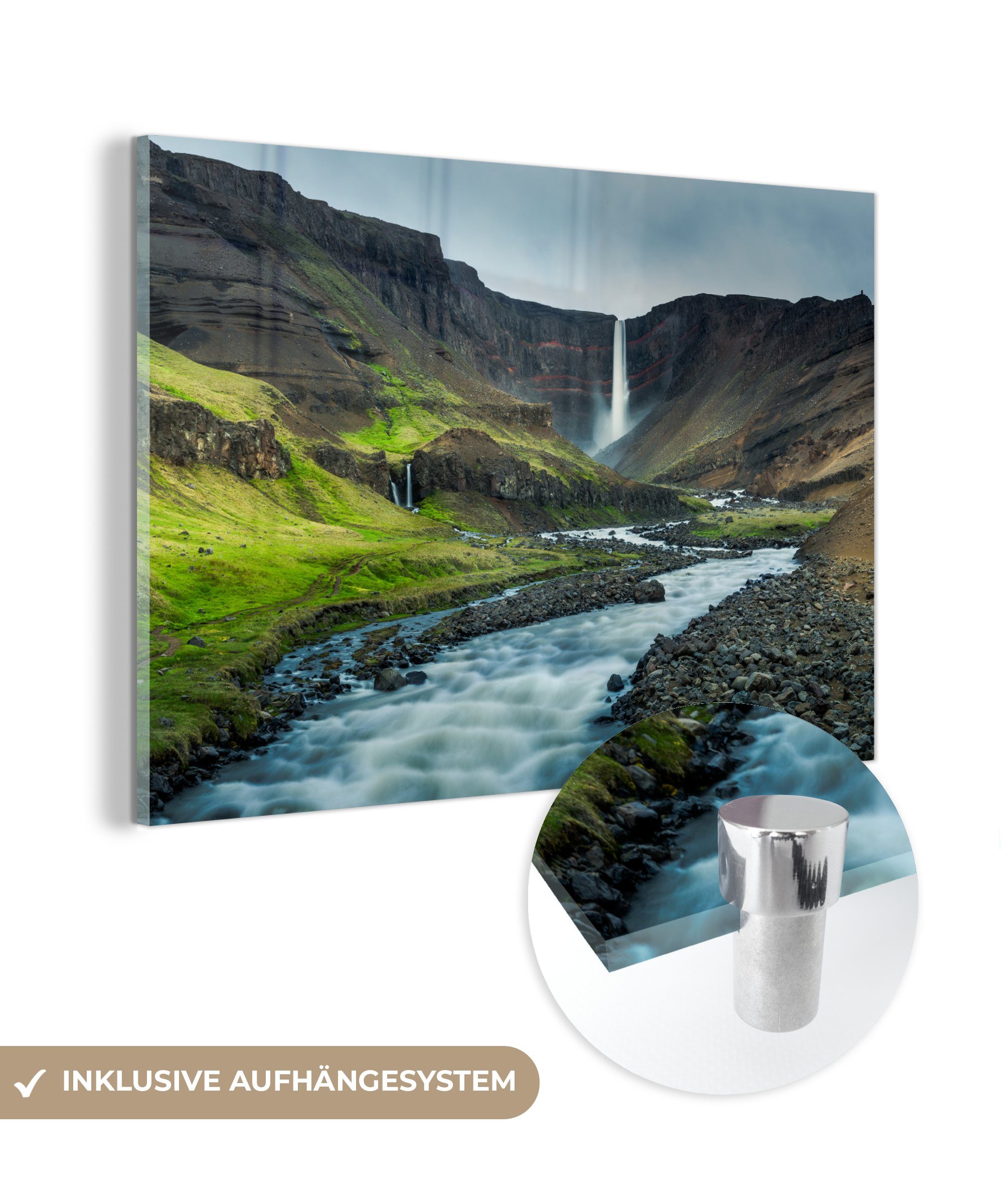 MuchoWow Acrylglasbild Wasserfall - Skandinavien - Hengifoss, (1 St), Acrylglasbilder Wohnzimmer & Schlafzimmer