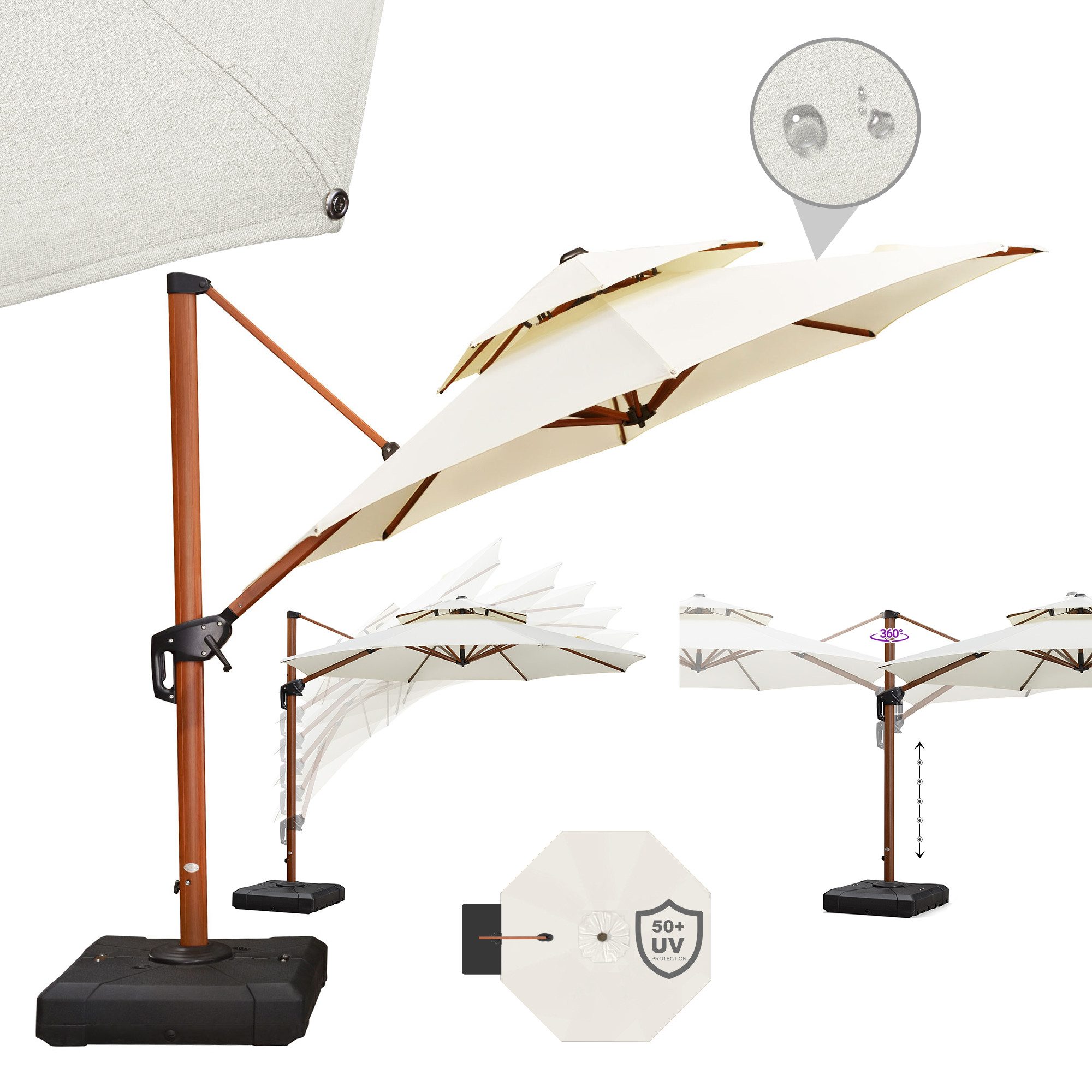 PURPLE LEAF Sonnenschirm Holzoptik Runder Außenbereich Doppeldach Ampelschirm, Gartenschirm, LxB: 330,00x330,00 cm, 360°Rotation, Sonnenschutz UV50+, für Garten,Terrasse, Pool