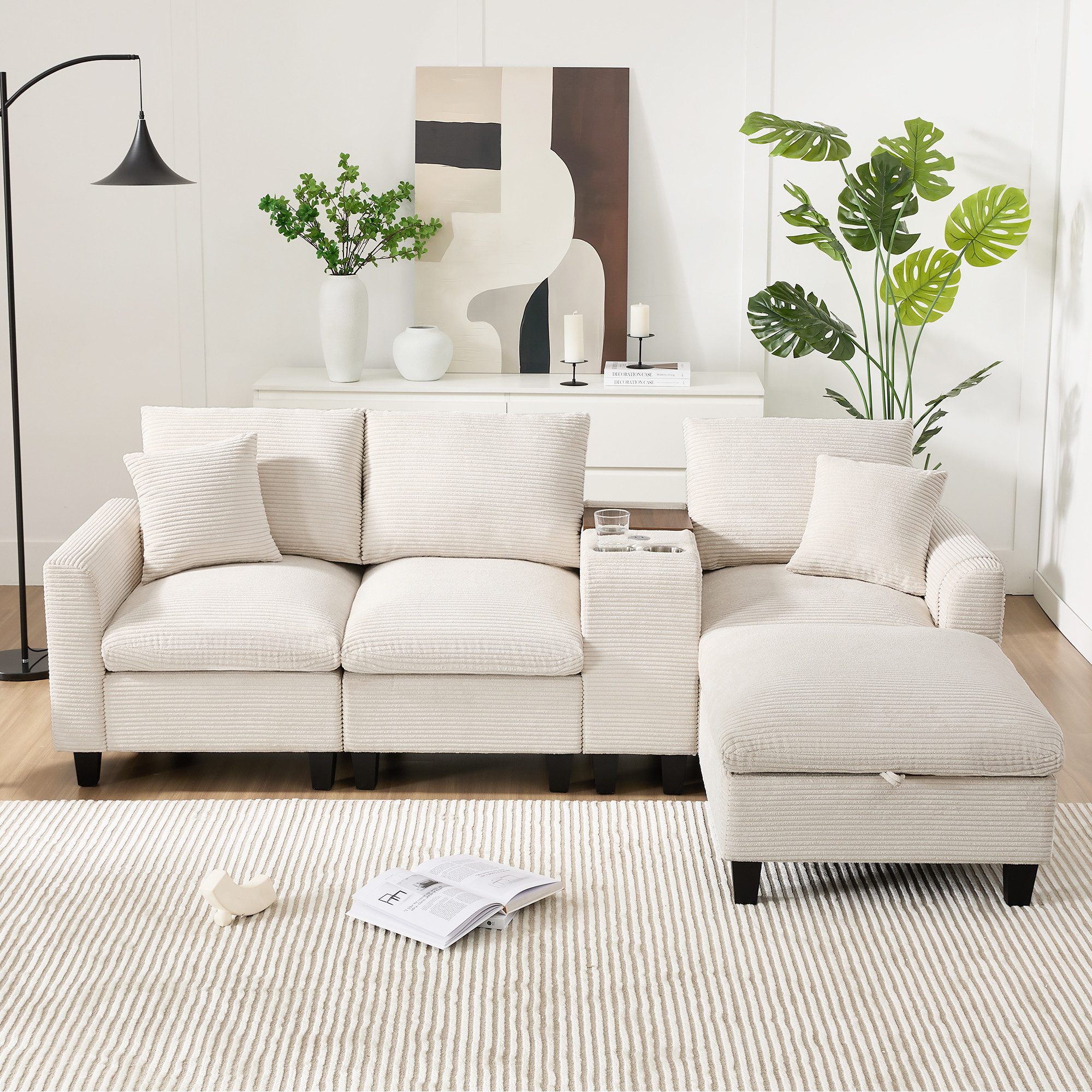 Merax Sofa L-Form Ecksofa mit Stauraumhocker & USB-Anschlüssen, Modernes Sofa für Wohnzimmer und kleine Räume 1 Teile, Sofa mit 2 Getränkehaltern, Seitentaschen & Kissen, Cordstoff