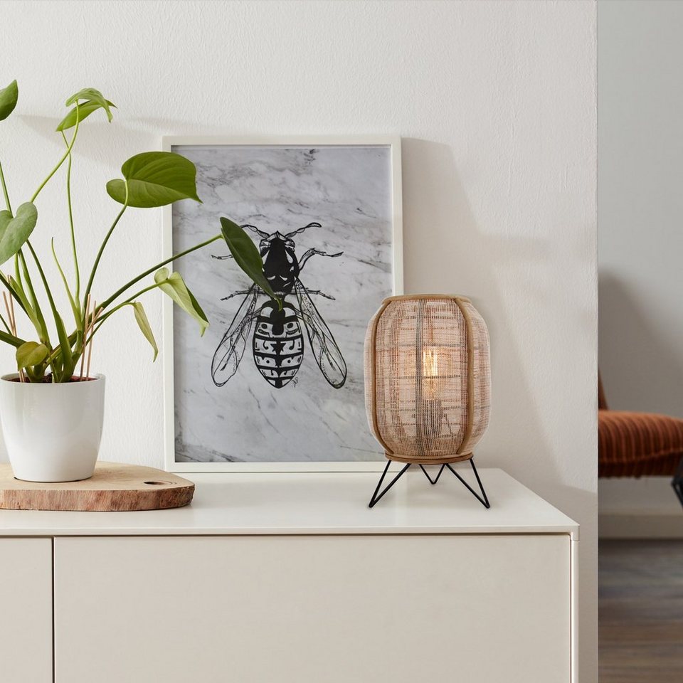 Lightbox Tischleuchte, ohne Leuchtmittel, Boho Tischlampe, 32 x 22 cm,  Stoffschirm mit Holz, schwarz/natur