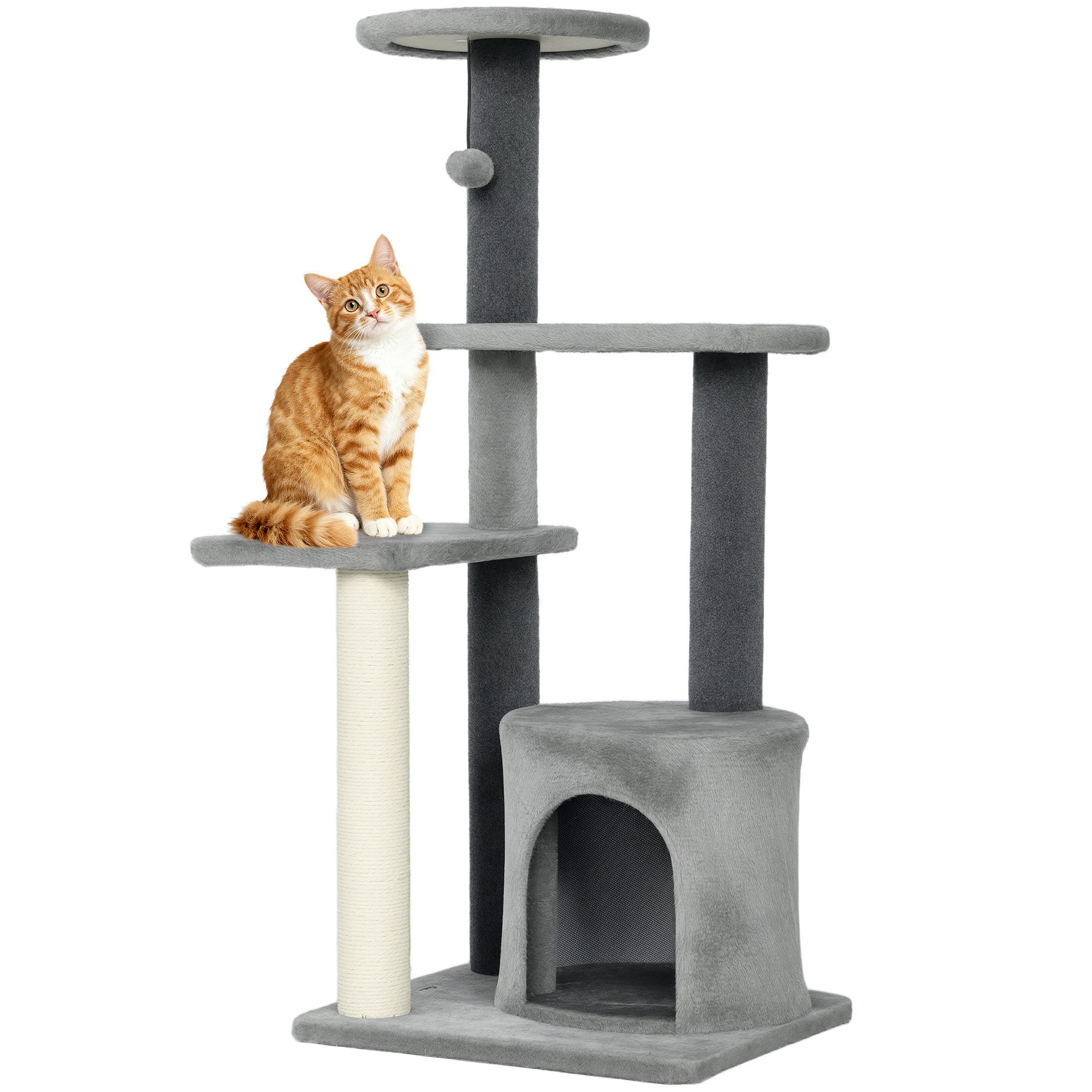 PawHut Kratzbaum Katzenbaum mit Katzenhöhle Plattformen Sisal-Kratzsäulen Plüschball, für Katzen bis 5 kg, 45 x 40 x 103 cm, Grau